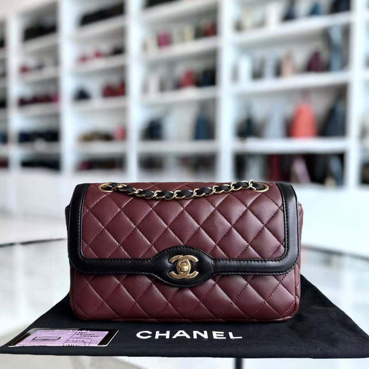 Chanel Seasonal Two-tone Flap - Quilted Lambskin Dark Burgundy Red Black Gold Hardware Series 21