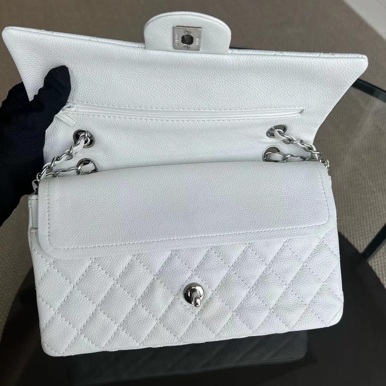 Chanel Classic Flap Caviar Calfskin White Silver Hardware Series 12