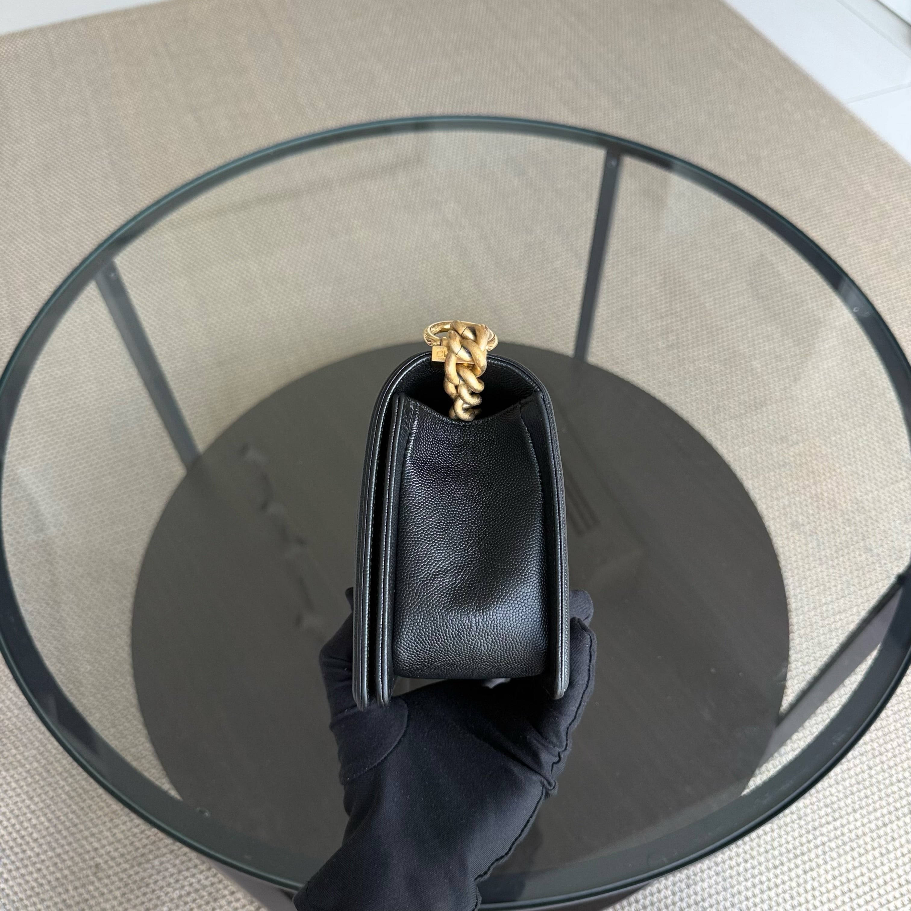 Chanel Boy Medium - Caviar 25CM Quilted Grained Calfskin Black Gold Hardware Series 29