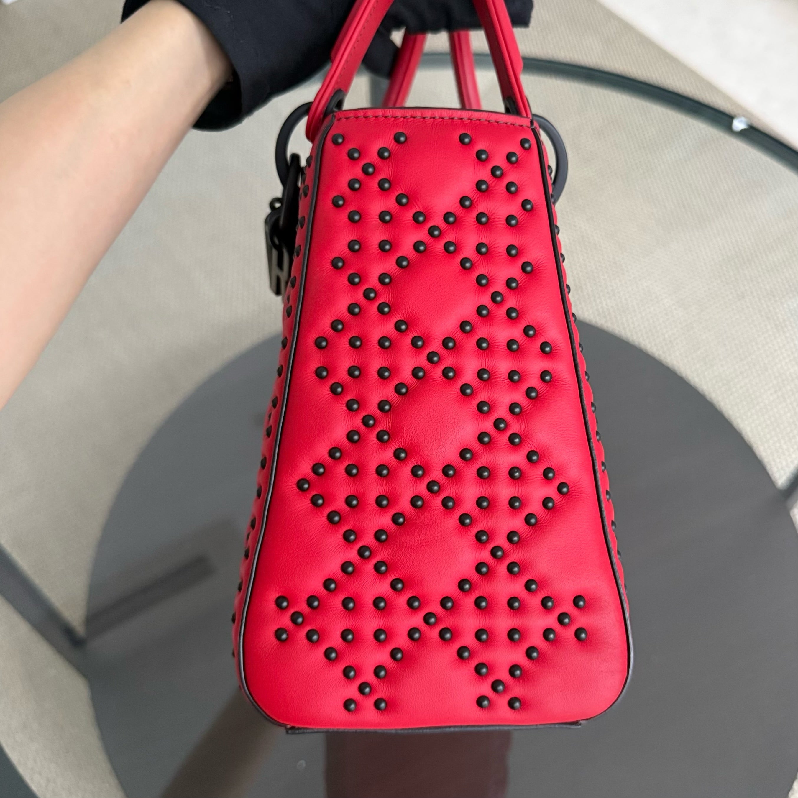 Dior Lady Medium Flap - Studded Cannage Calfskin Red Black Hardware