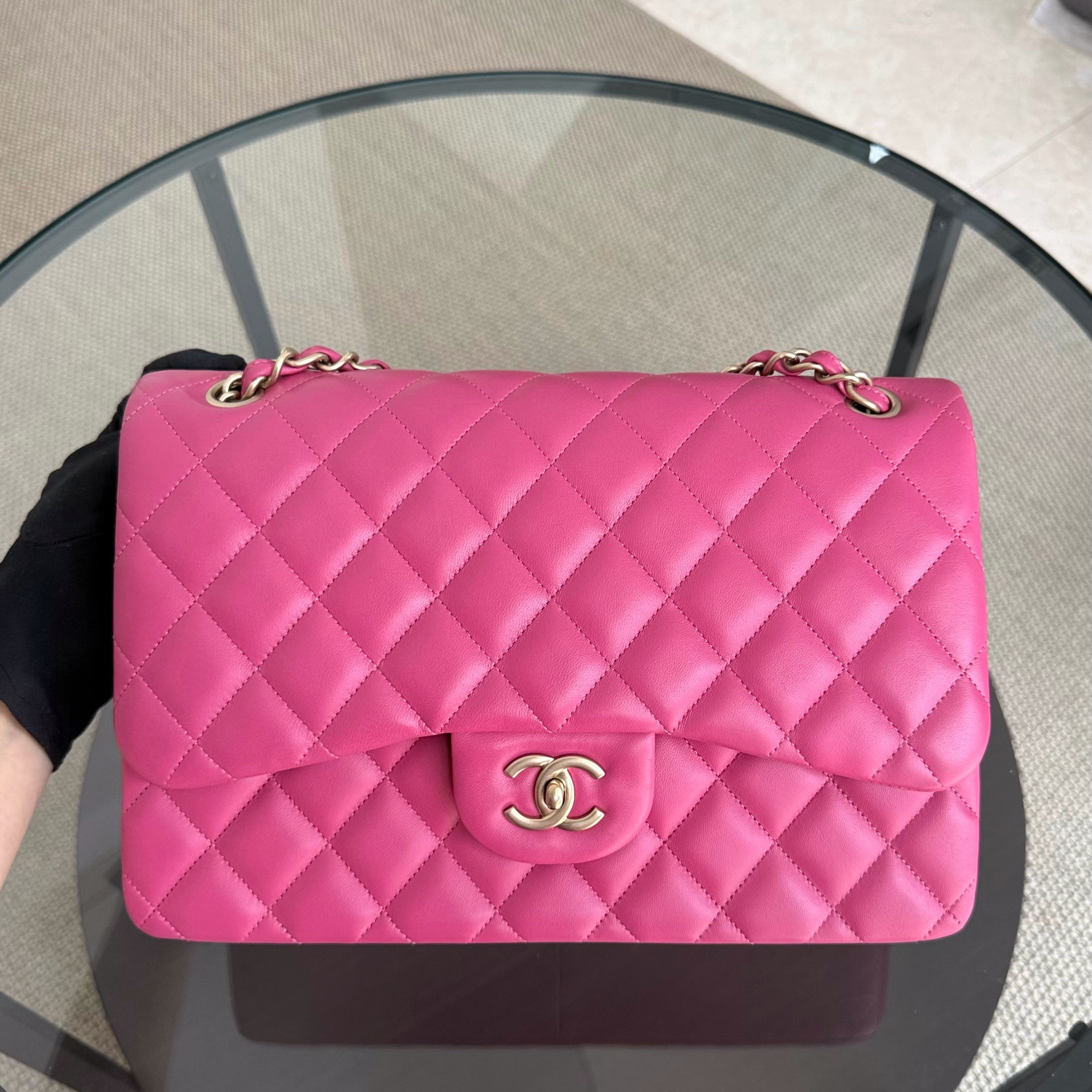 Chanel Classic Flap Jumbo - Double Flap 30CM Quilted Lambskin Pink Gold Hardware Series 17