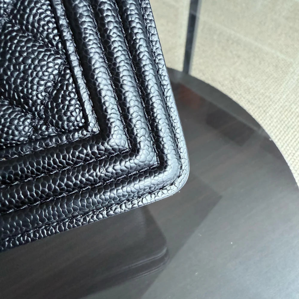 Chanel Boy Medium - Caviar 25CM Quilted Grained Calfskin Black Gold Hardware Series 19