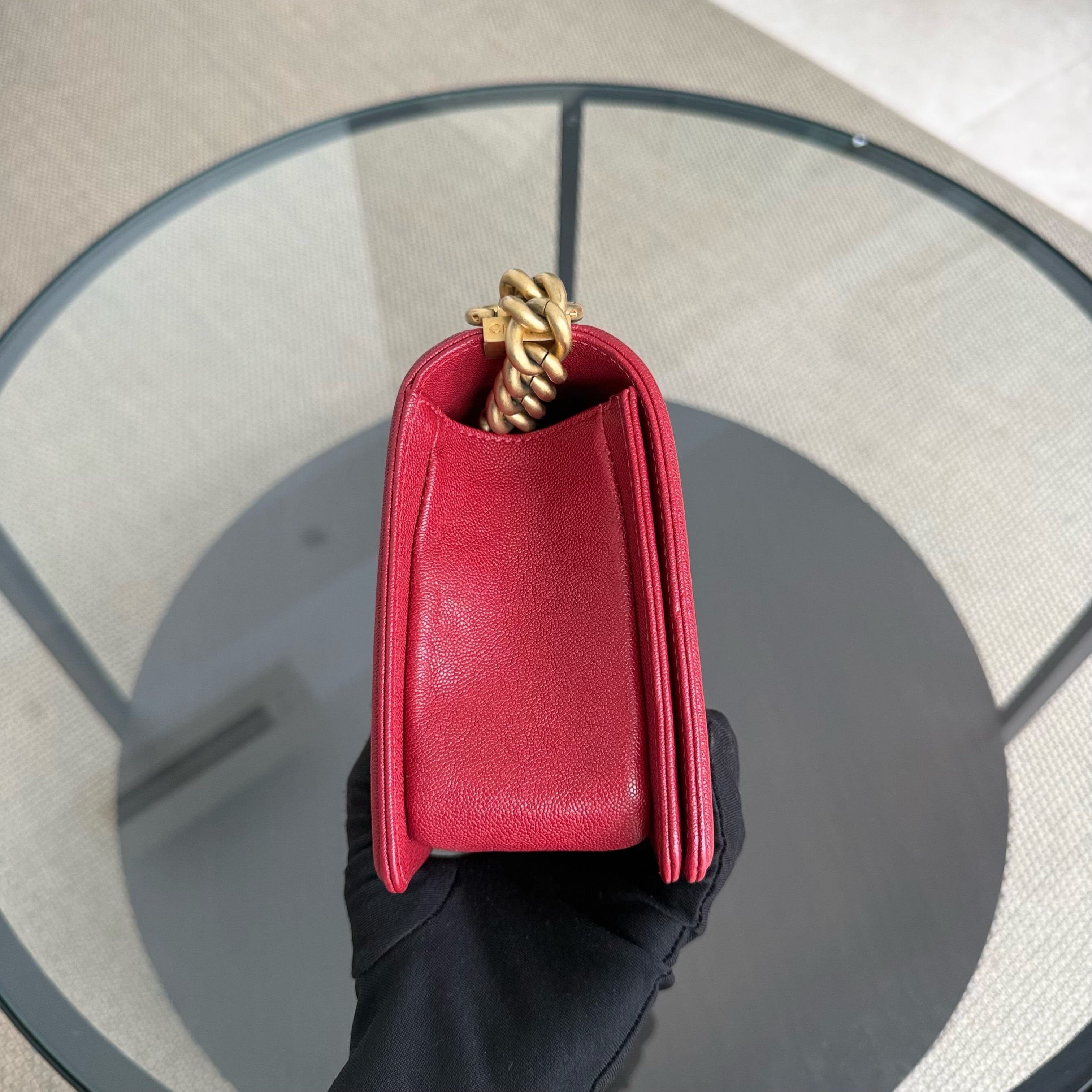 Chanel Boy Medium - Caviar 25CM Quilted Red Gold Hardware Series 27