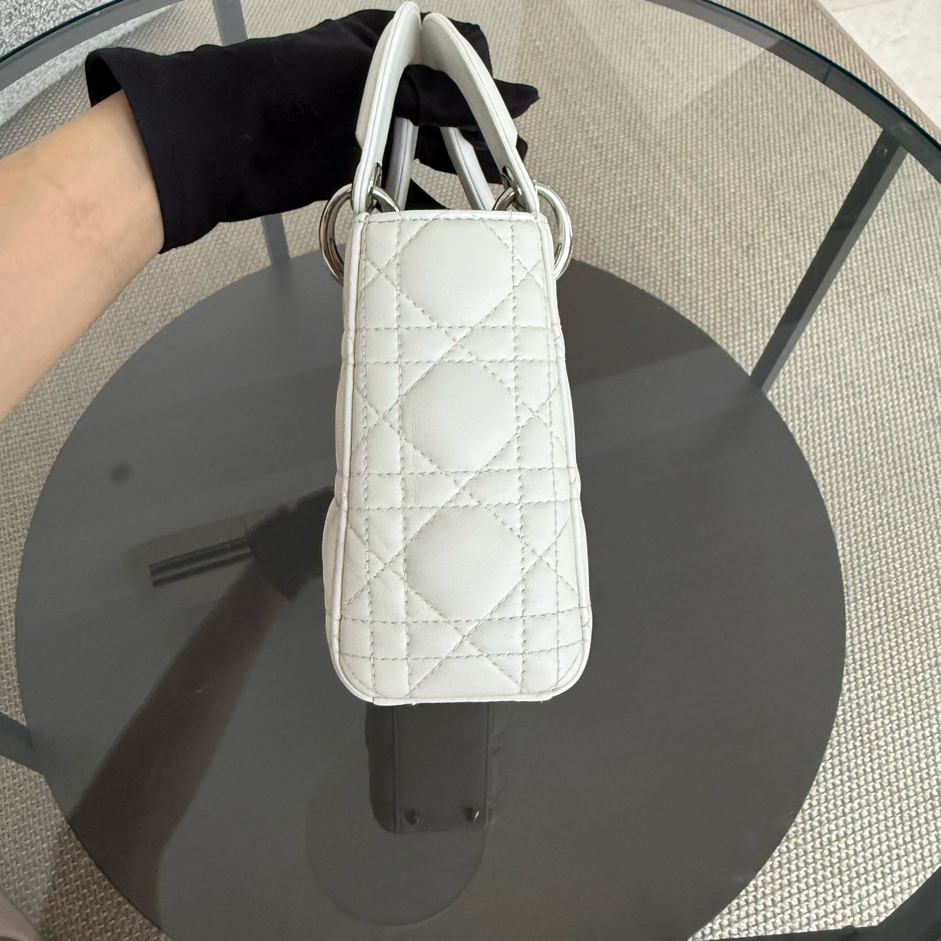 Dior Lady Mini - Cannage Lambskin White Silver Hardware Chain Strap