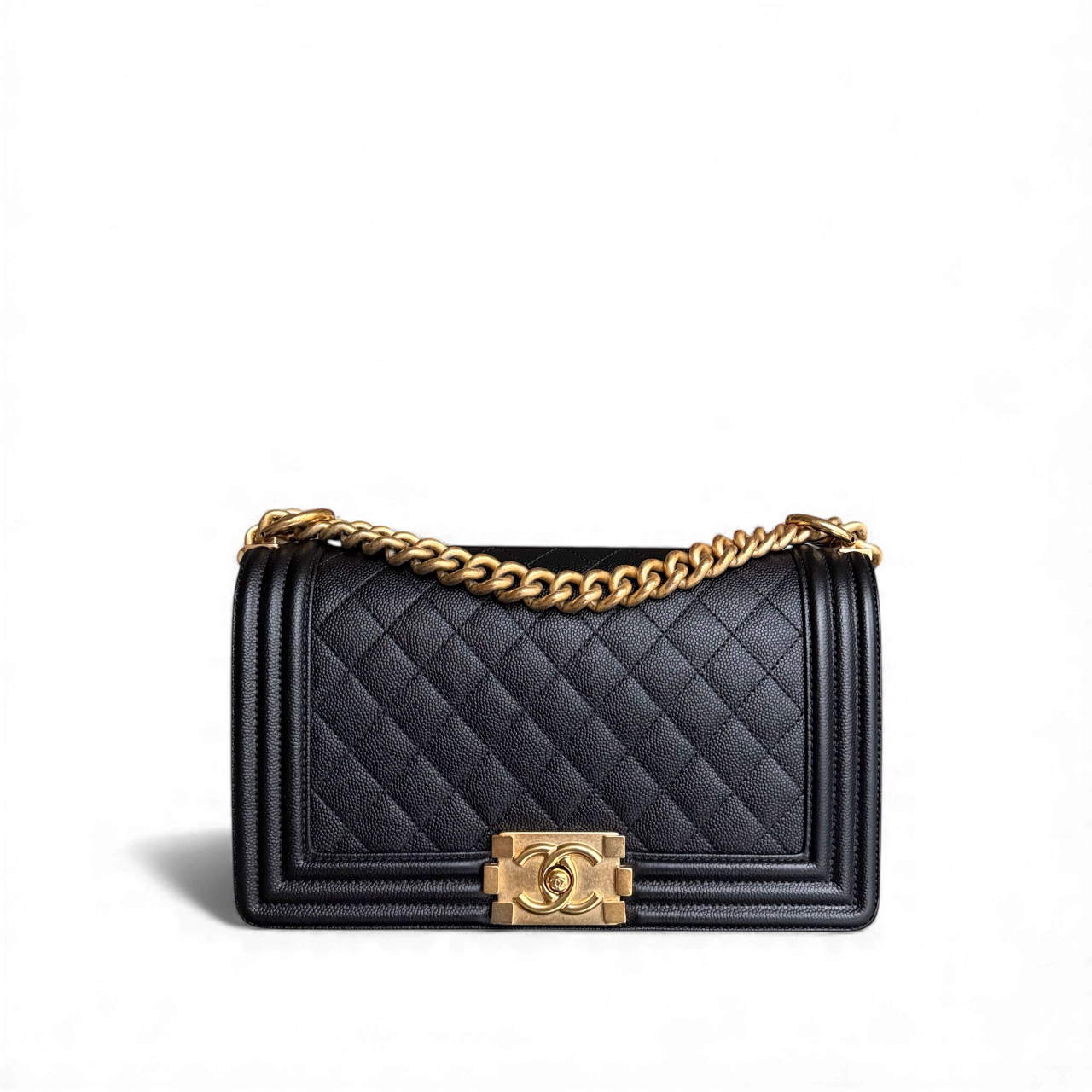 Chanel Boy Medium - Caviar 25CM Quilted Grained Calfskin Black Gold Hardware Series 29