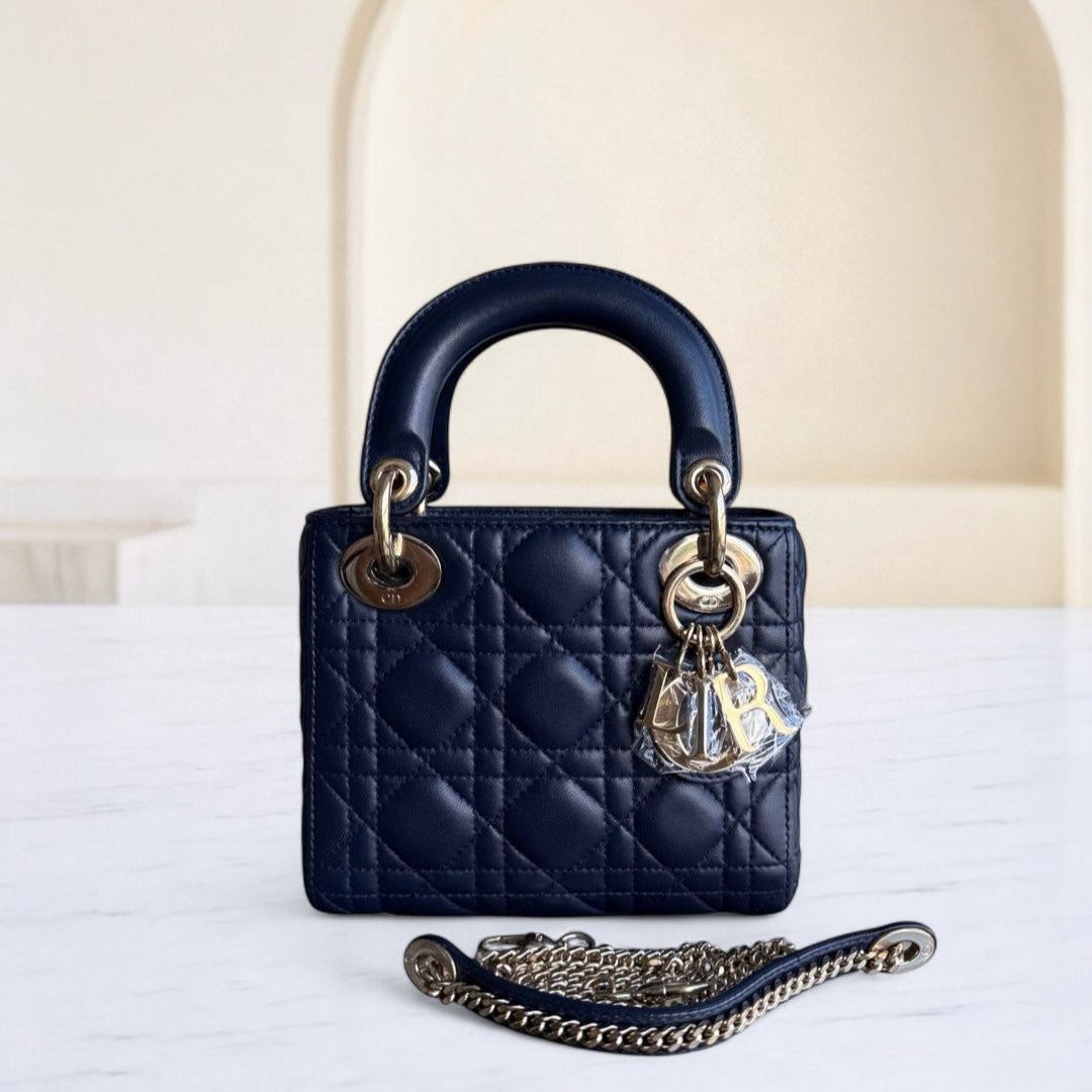 Dior Lady Mini - Cannage Lambskin Dark Blue Gold Hardware Chain Strap