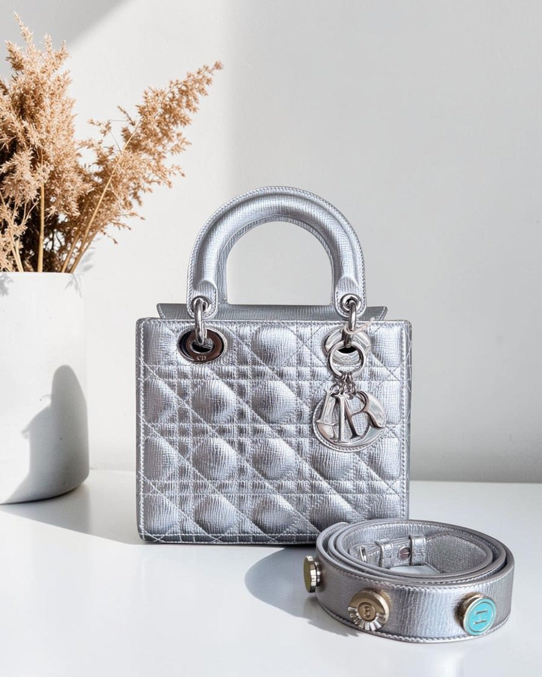 Dior Lady Small - Cannage Metallic Calfskin Silver Silver Hardware