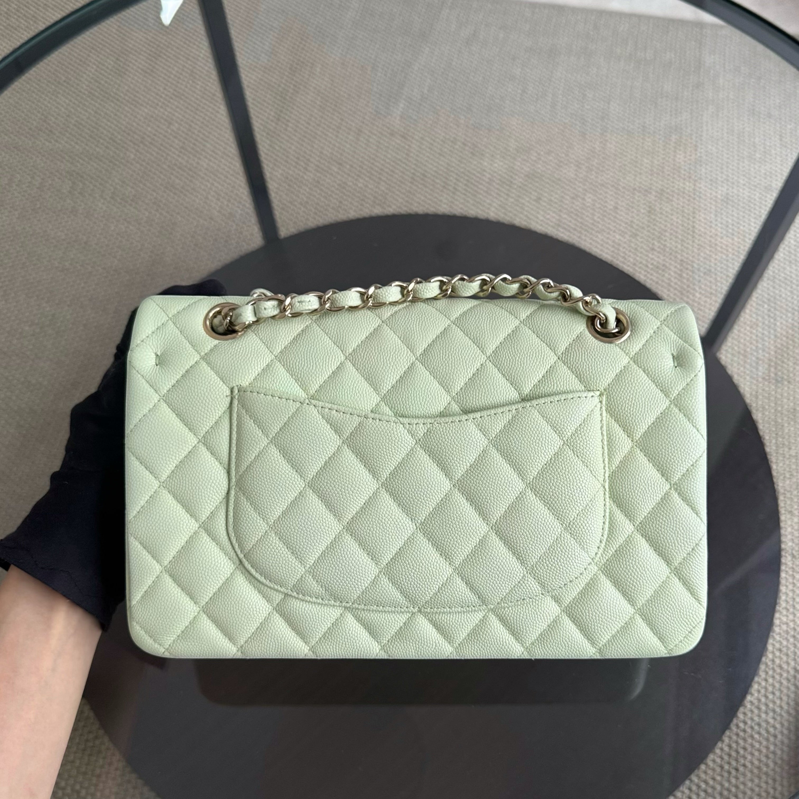Chanel Classic Flap Medium - Caviar 25CM Quilted Light Green Gold Hardware Microchip