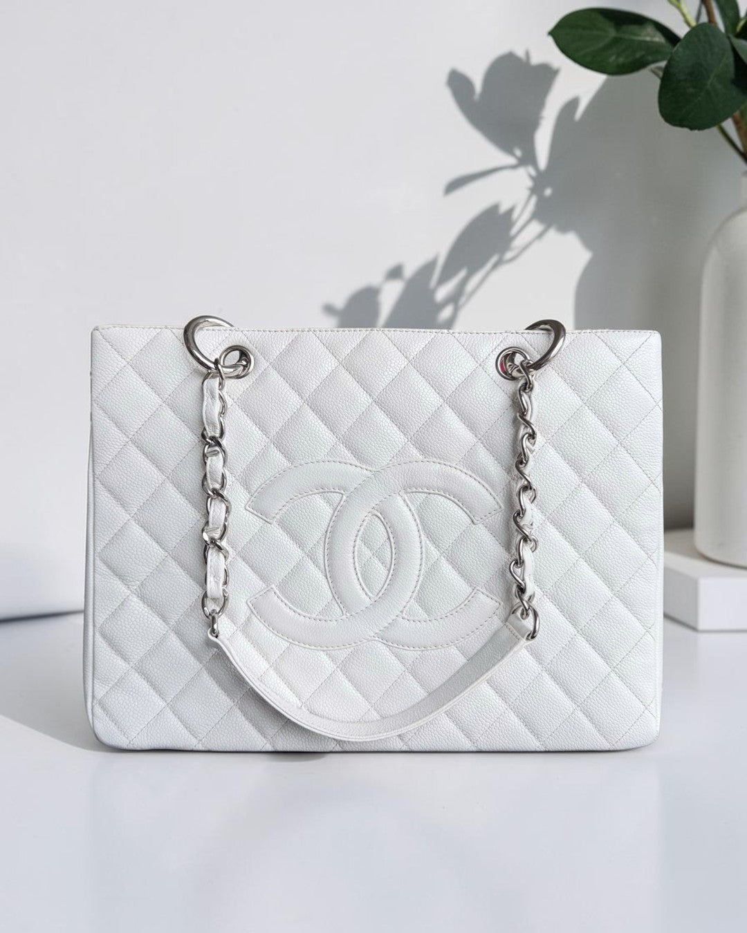 Chanel GST Grand Shopping Tote - Caviar Quilted White Silver Hardware