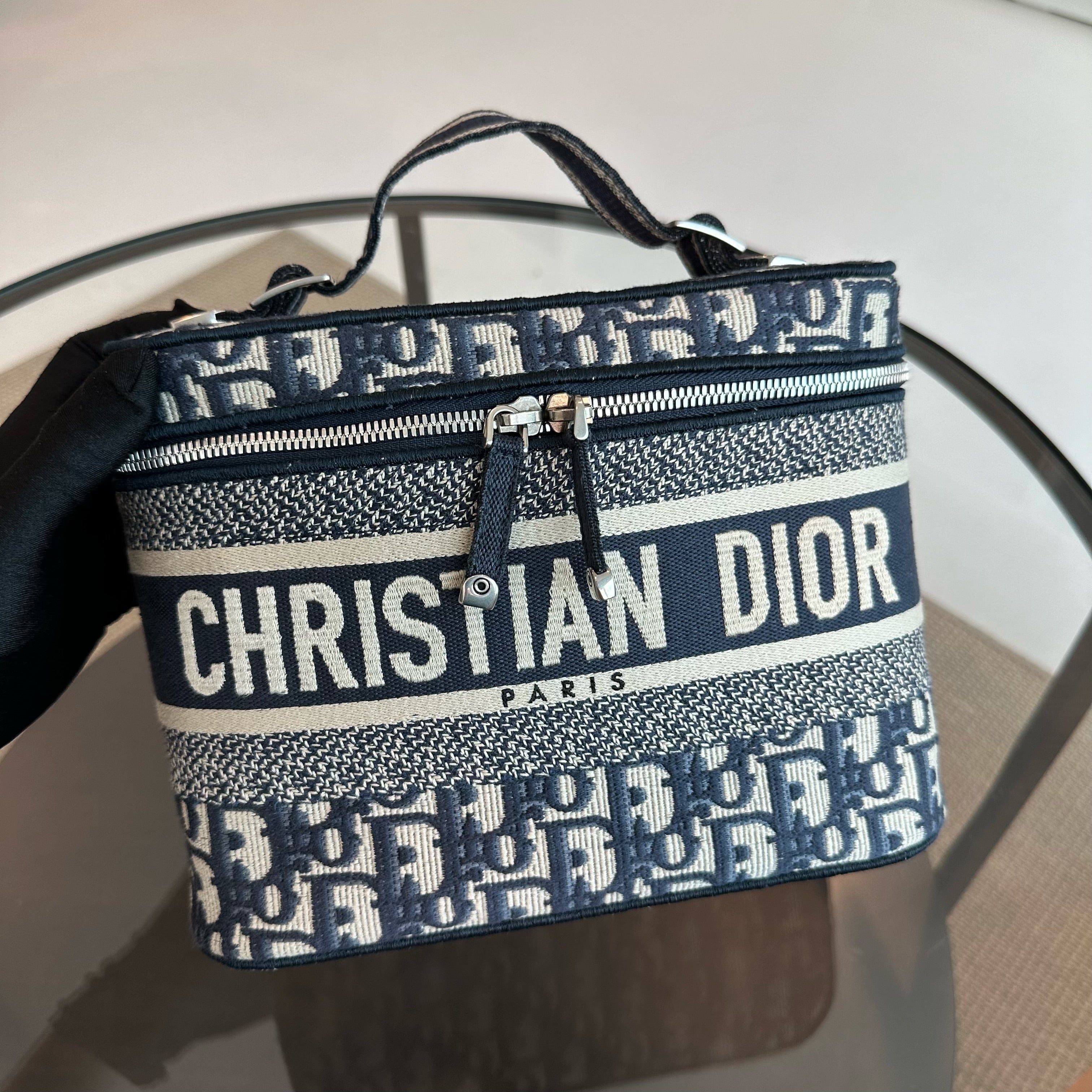 Dior Vanity Oblique Embroidery Top Handle Bag In Jacquard Blue SHW