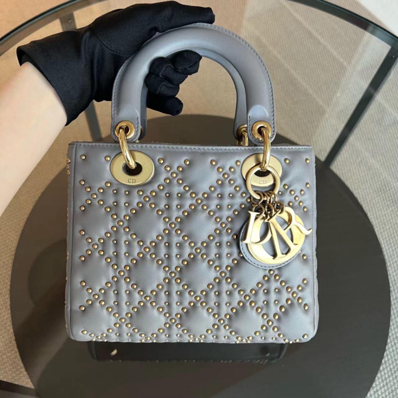 Dior Lady Small Studded Smooth Lambskin Grey Gray GHW