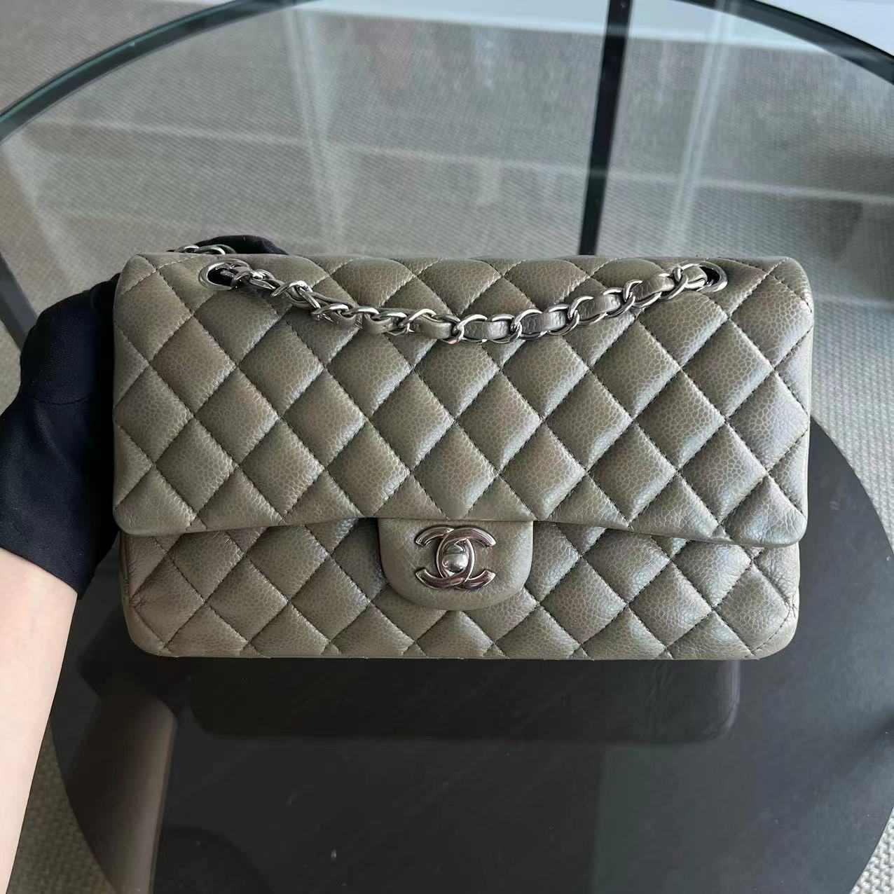 Chanel Caviar Medium Classic Flap Double Flap Quilted Calfskin Taupe Green Brown SHW No 17