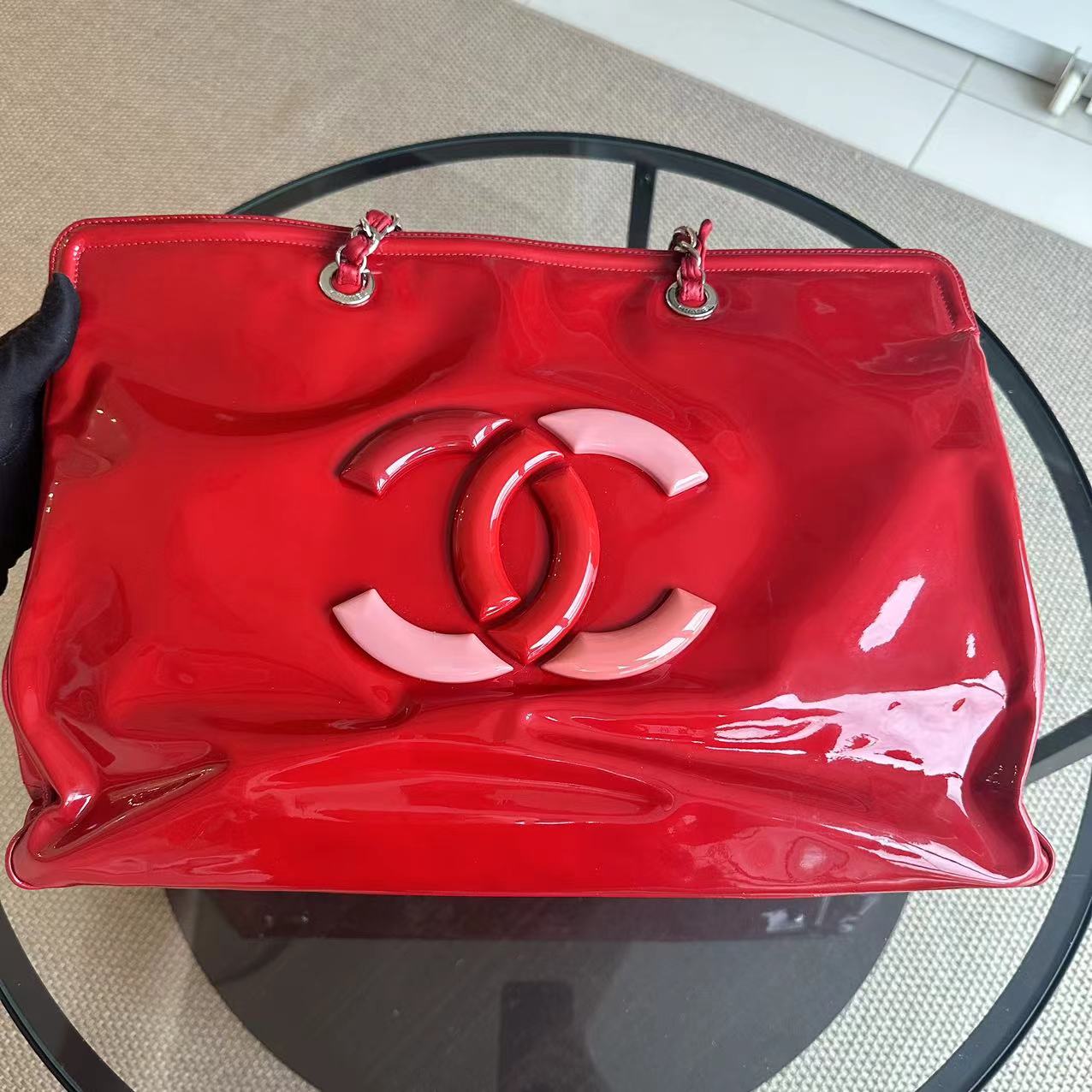 Chanel Lipstick Large Tote XL Patent Vinyl Leather Red No 13