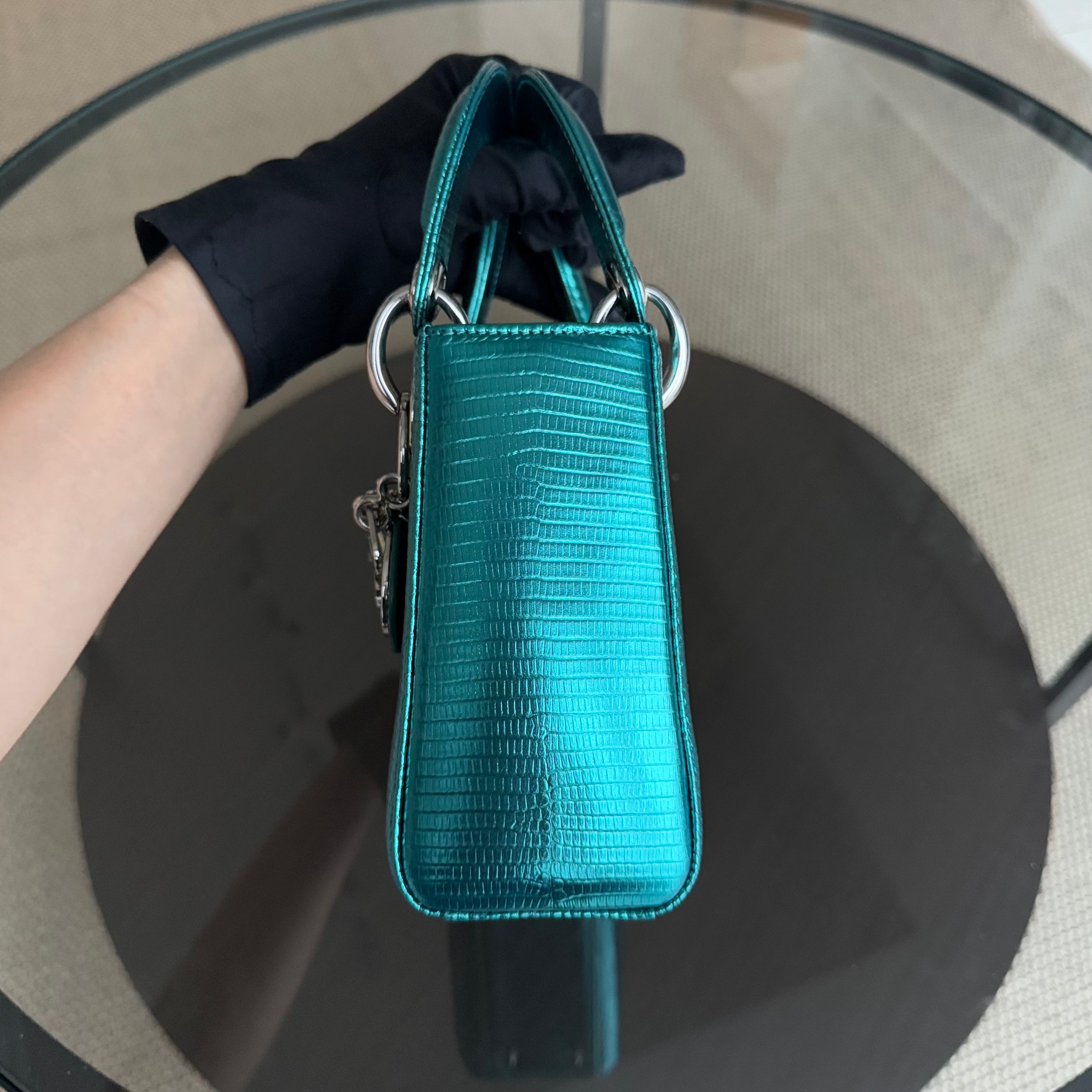 Dior Lady Mini - Exotic Lizard Skin Metallic Blue Green Silver Hardware Leather Strap