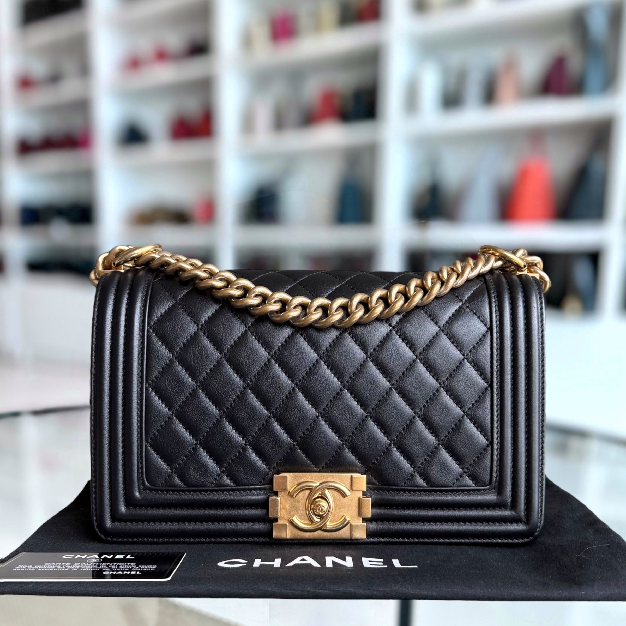 Chanel Boy Medium - Calfskin 25CM Quilted Black Gold Hardware Series 25