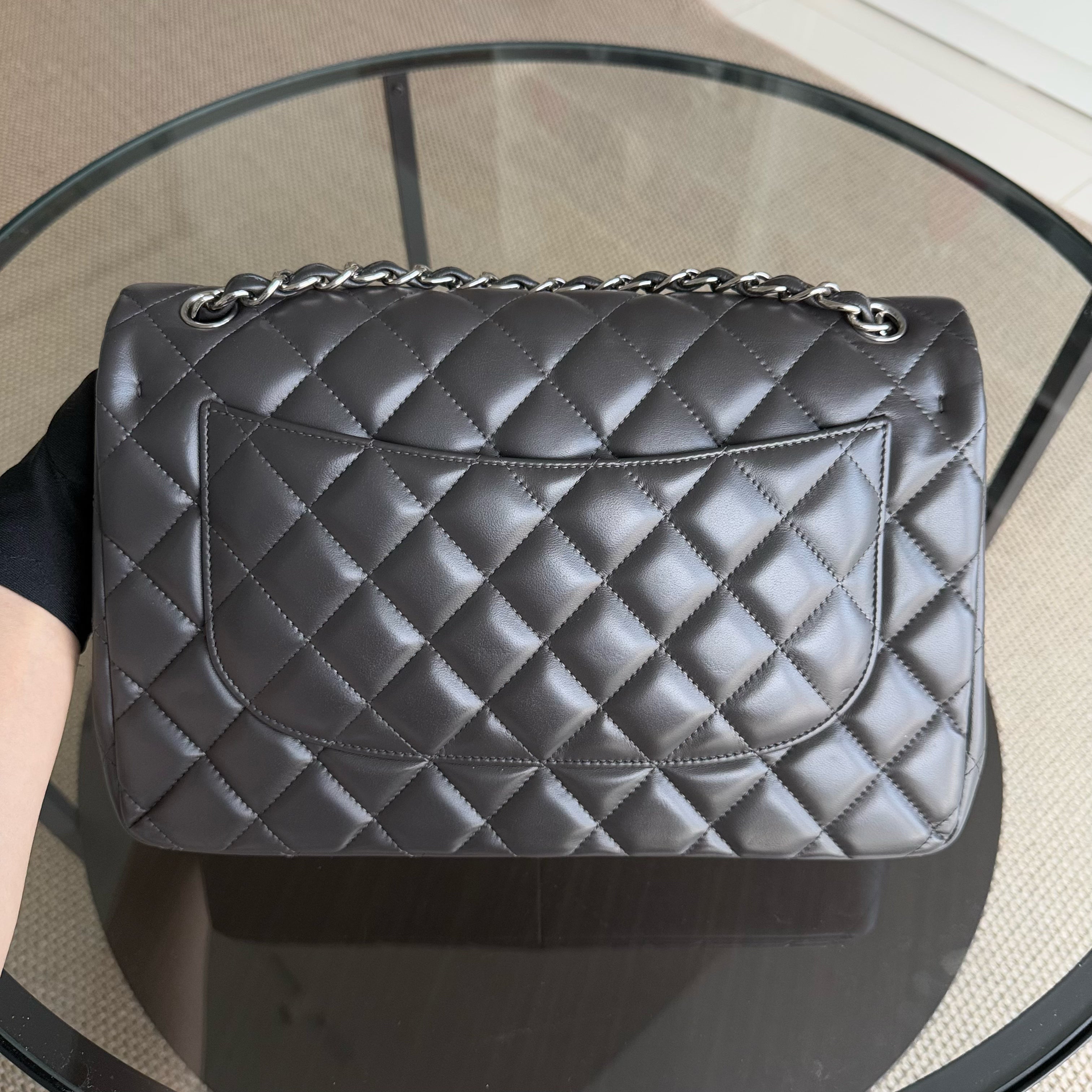 Chanel Classic Flap Jumbo - 30CM Quilted Lambskin Double Flap Dark Grey Gray Silver Hardware Series 16