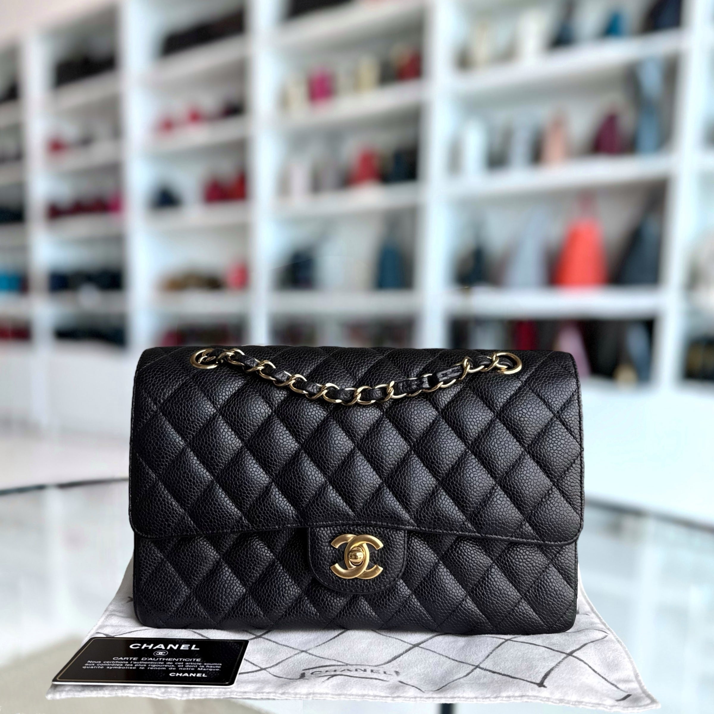 Chanel Classic Flap Medium - Caviar 25CM Quilted Grained Calfskin Black Gold Hardware Series 14