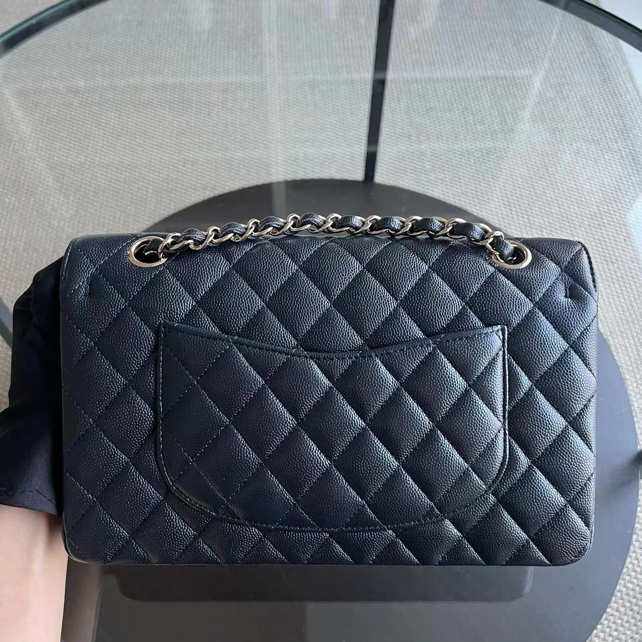 *Unused, Full Set Receipt* Chanel Caviar Classic Flap Double Flap Quilted Grained Calfskin Dark Blue Golden Hardware Series 28