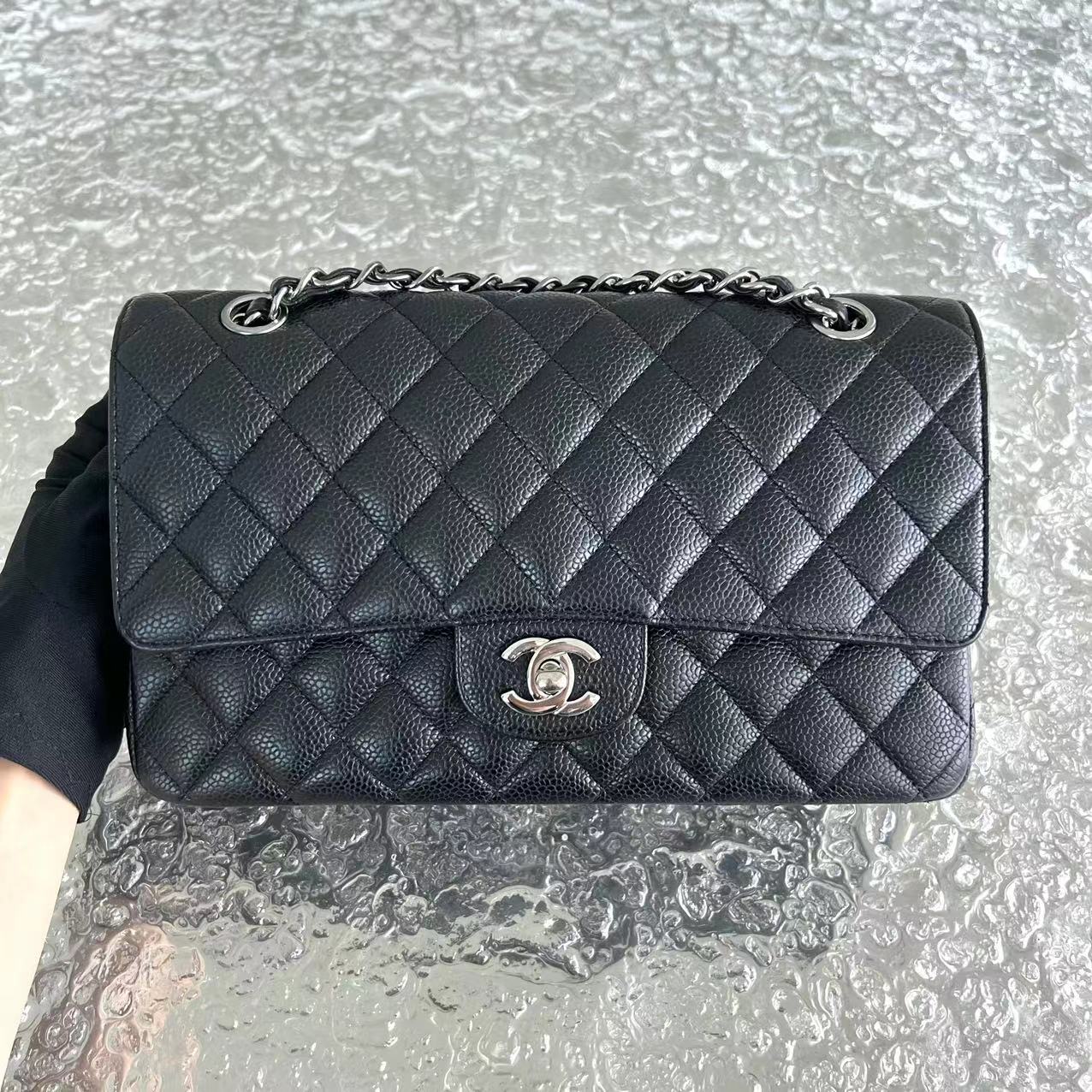 Caviar Double Flap Quilted Calfskin Black Silver Hardware Series 14