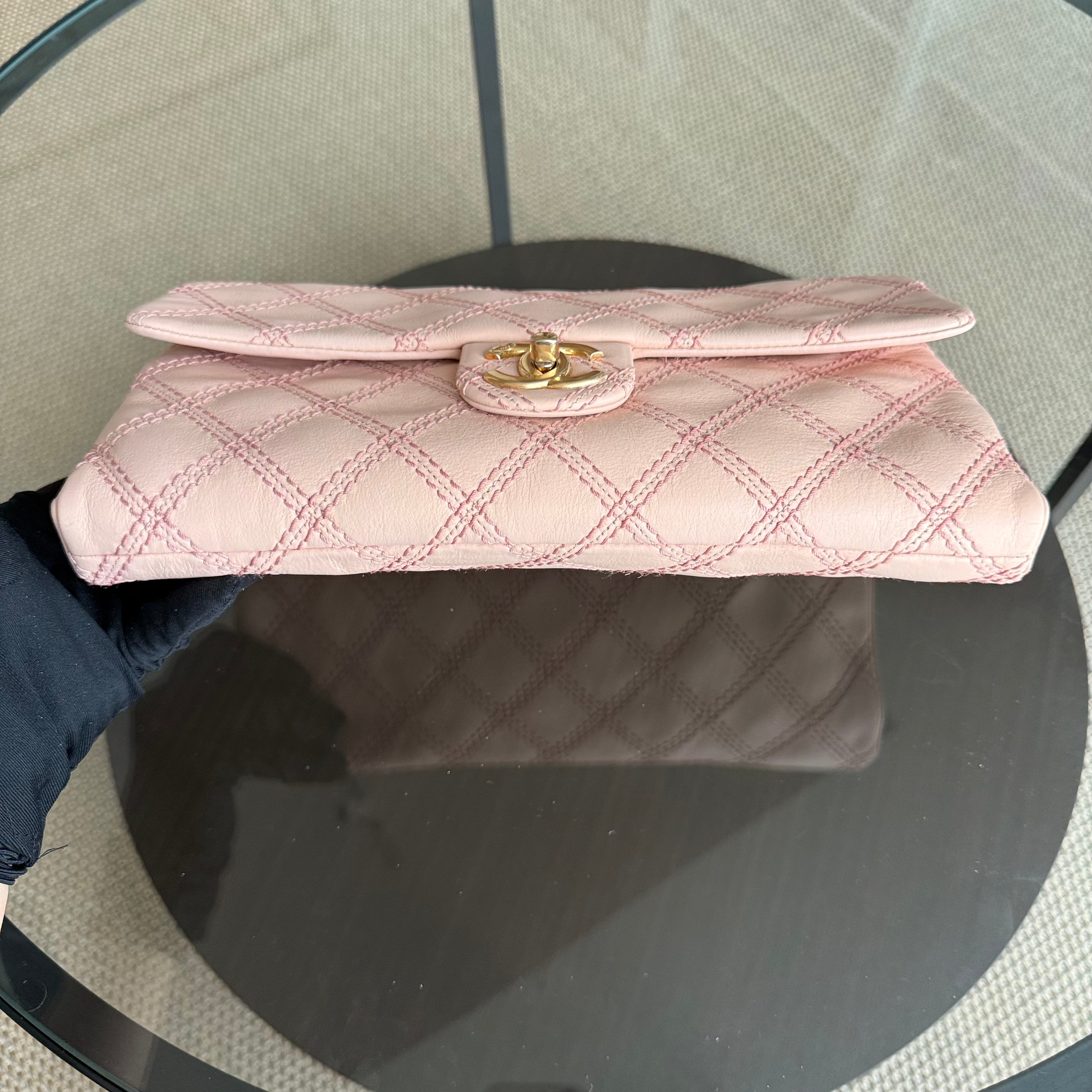 Chanel Seasonal Flap Medium - Triple Stitched Calfskin Quilted Pink Gold Hardware Series 19