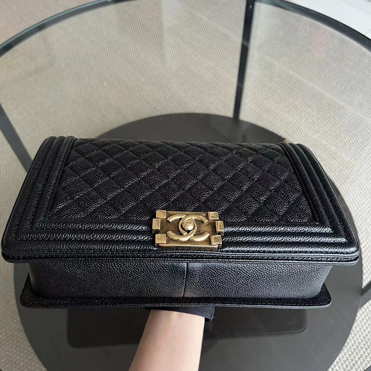 Chanel Caviar Boy New Medium 28CM Quilted Grained Calfskin Black Golden Hardware Series 20