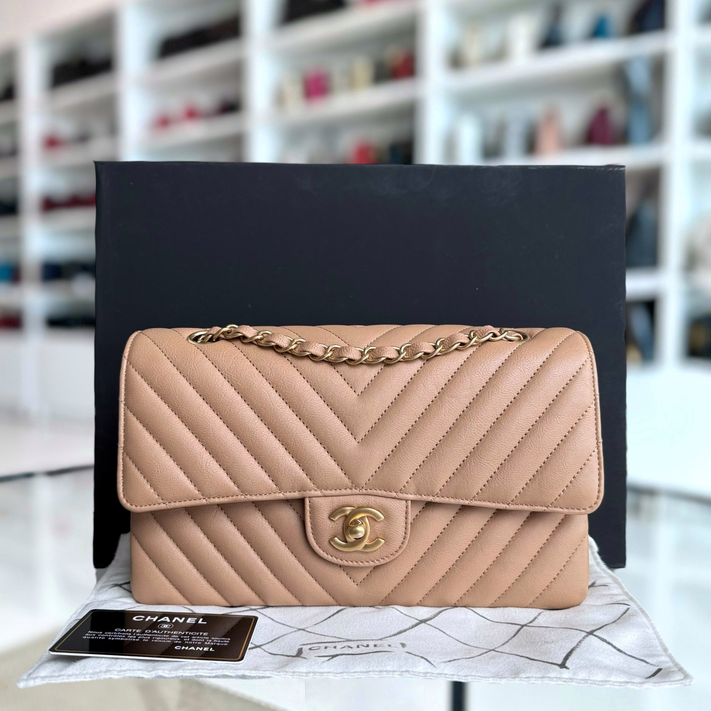 Chanel Classic Flap Medium - 25CM Chevron Grained Calfskin Dark Beige Gold Hardware Series 23