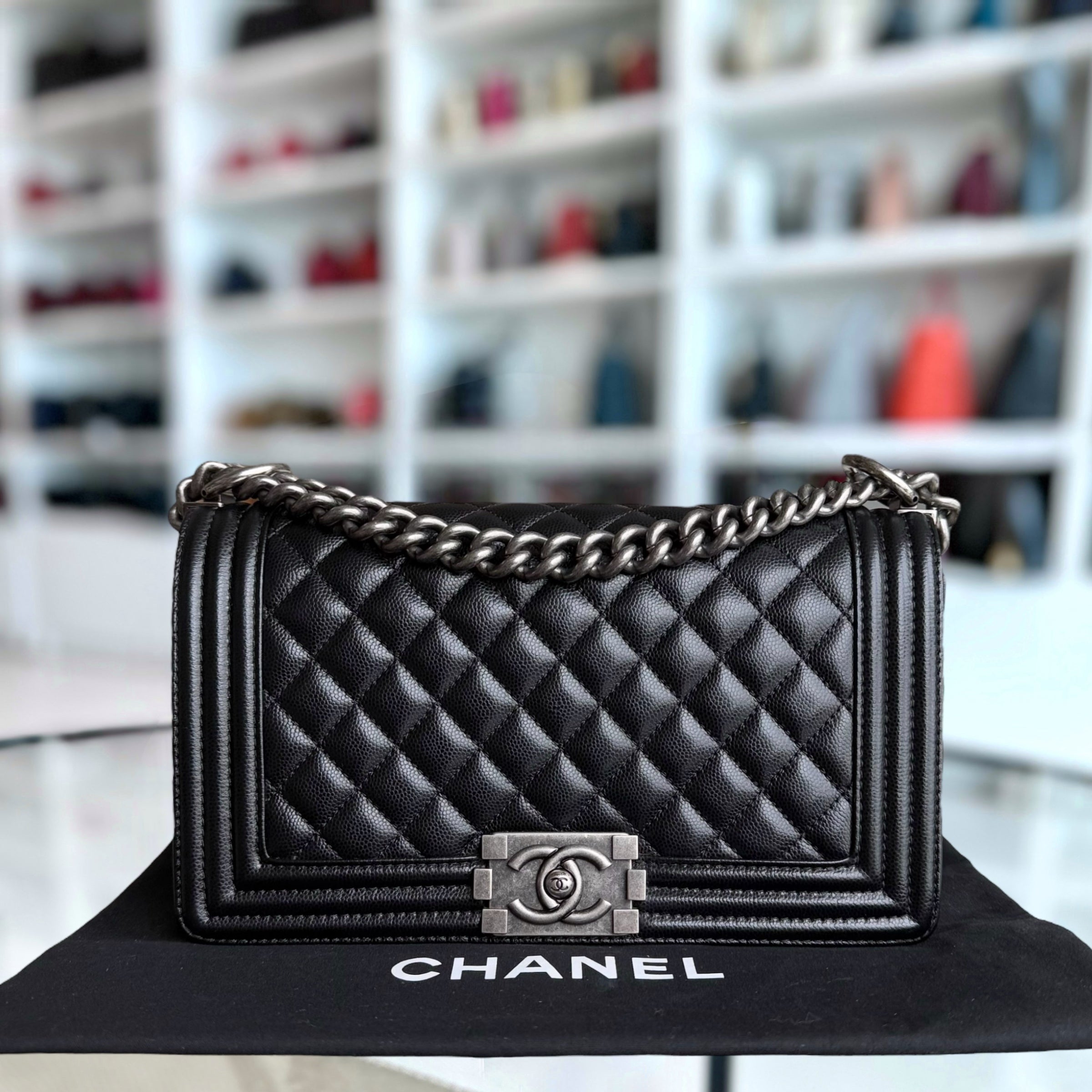 Chanel Boy Medium - Caivar 25CM Quilted Black Ruthenium Silver Hardware Series 28