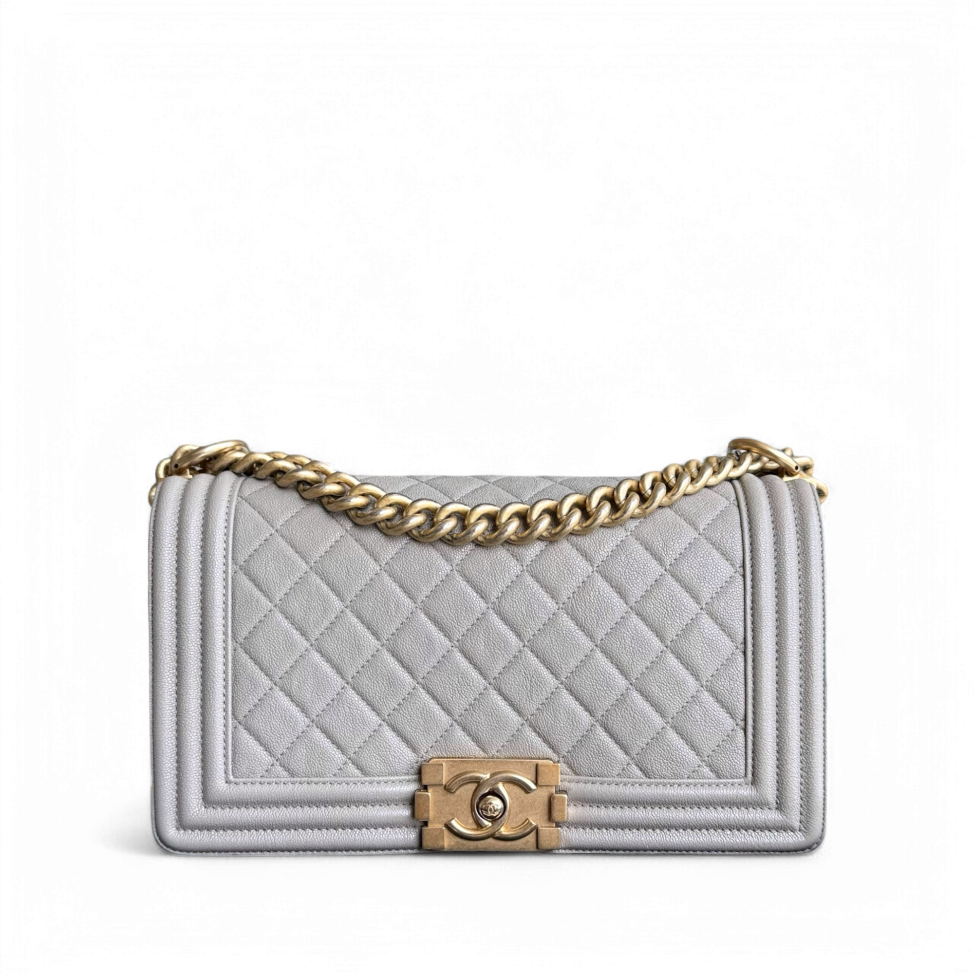 Chanel Boy Medium - Caviar 25CM Quilted Light Grey Gold Hardware