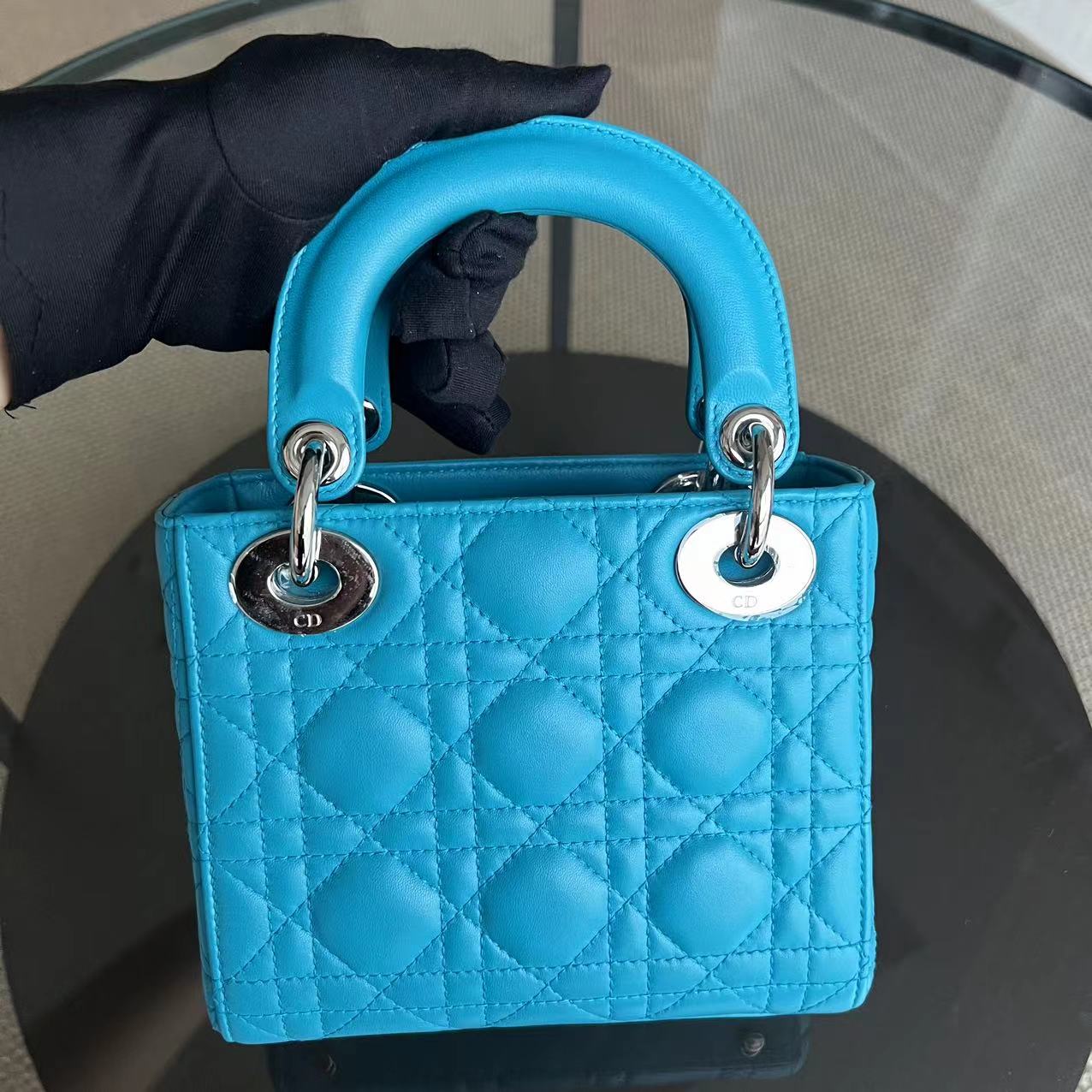 Dior Lady Mini Cannage Lambskin Cyan Blue Silver Hardware