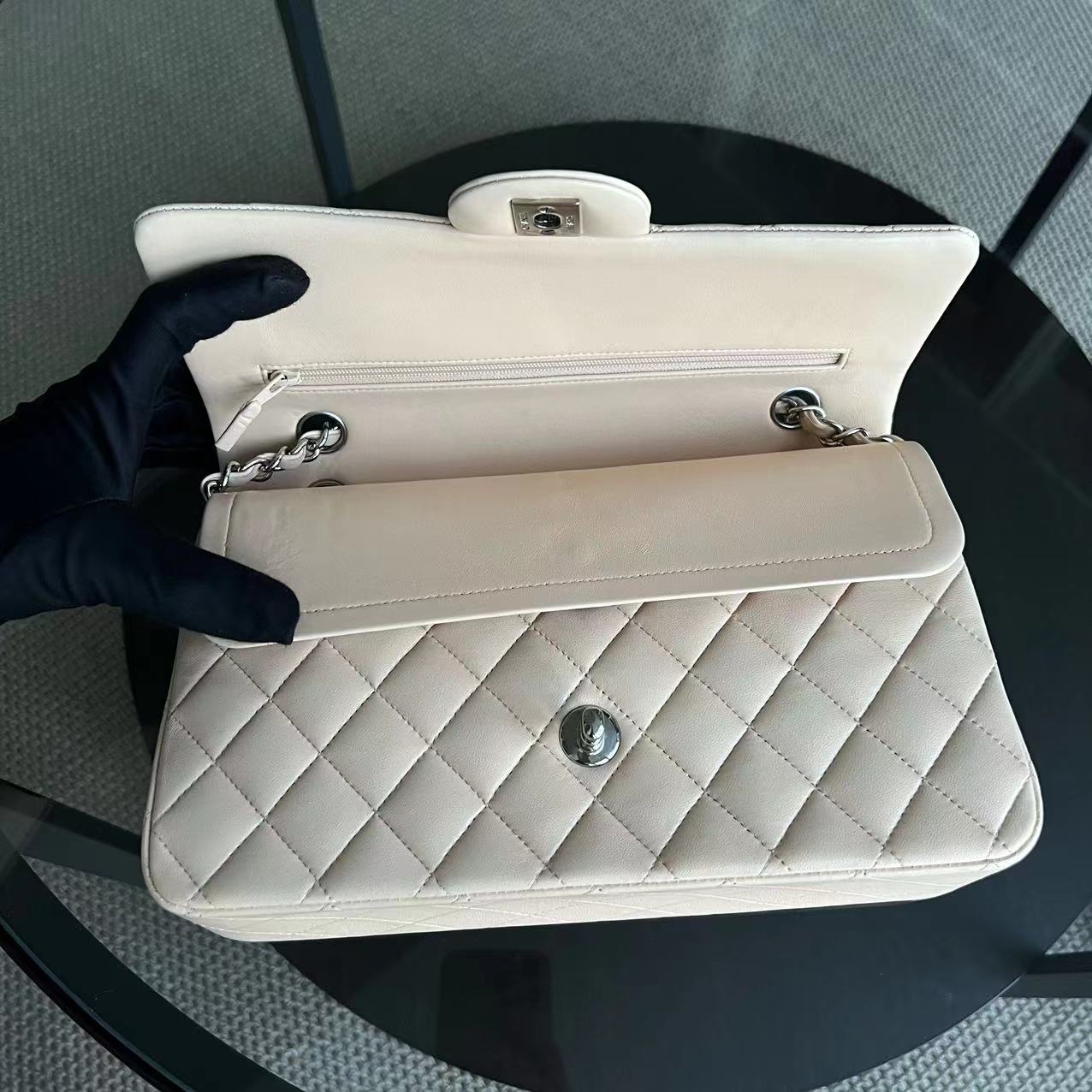 Double Flap Quilted Lambskin Beige Silver Hardware Series 14