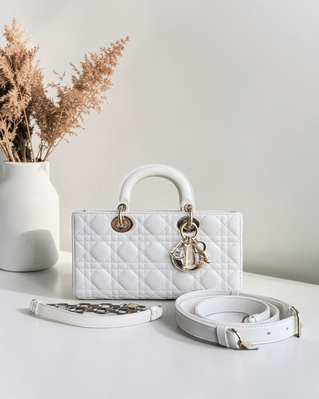 Dior D-joy Medium - Cannage Lambskin White Gold Hardware