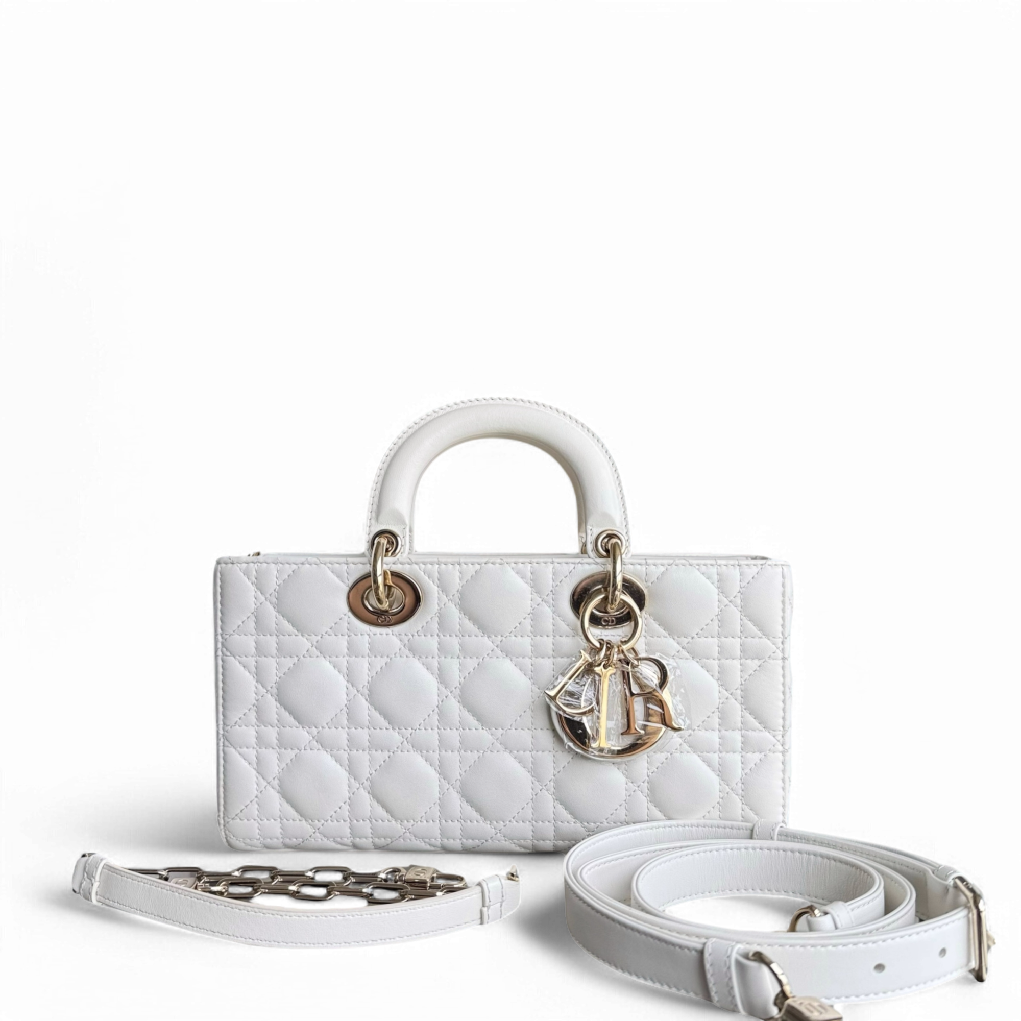 Dior D-joy Medium - Cannage Lambskin White Gold Hardware