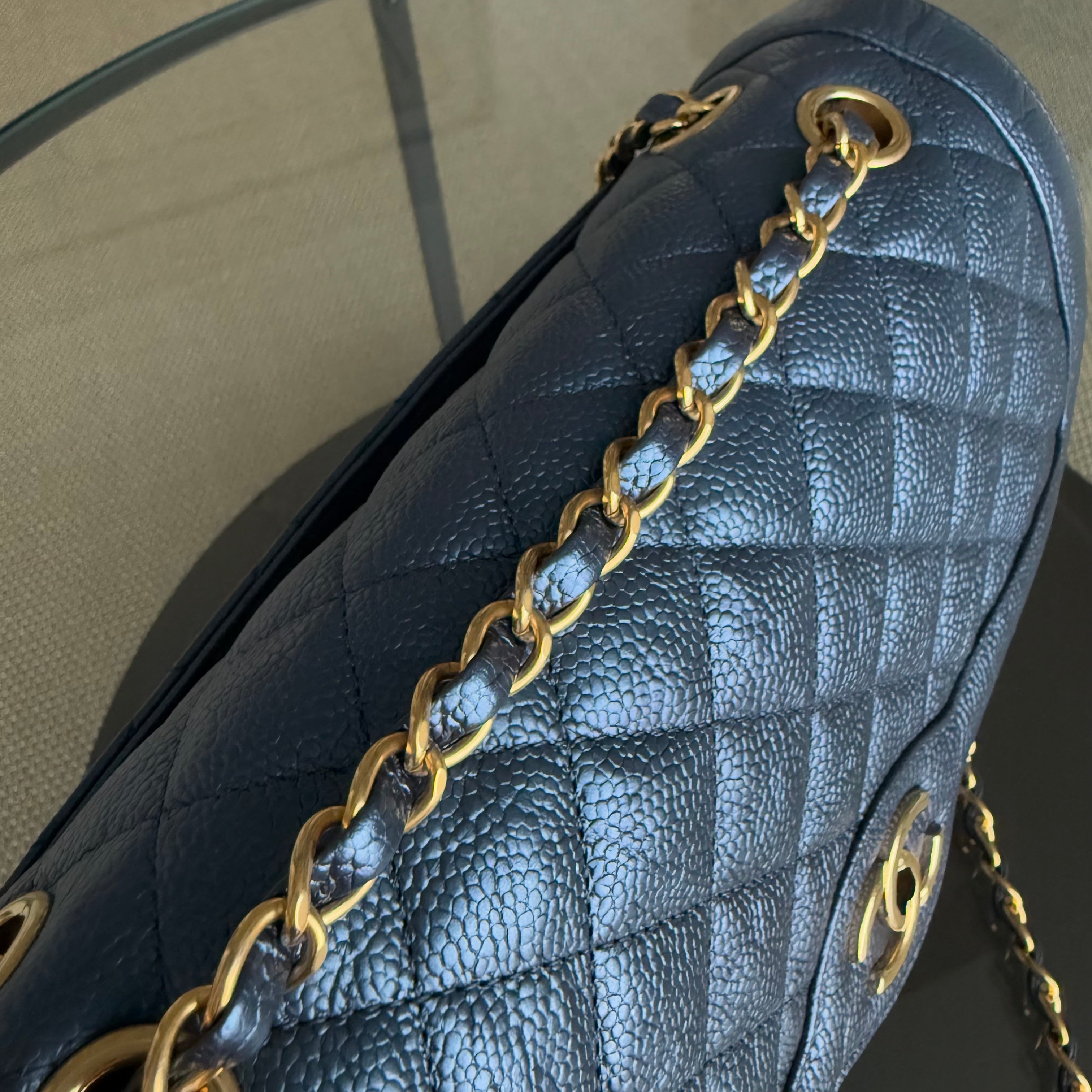 Chanel Crumpled Two Tone Flap - Medium Grained Calfskin Navy Blue Gold Hardware Series 21