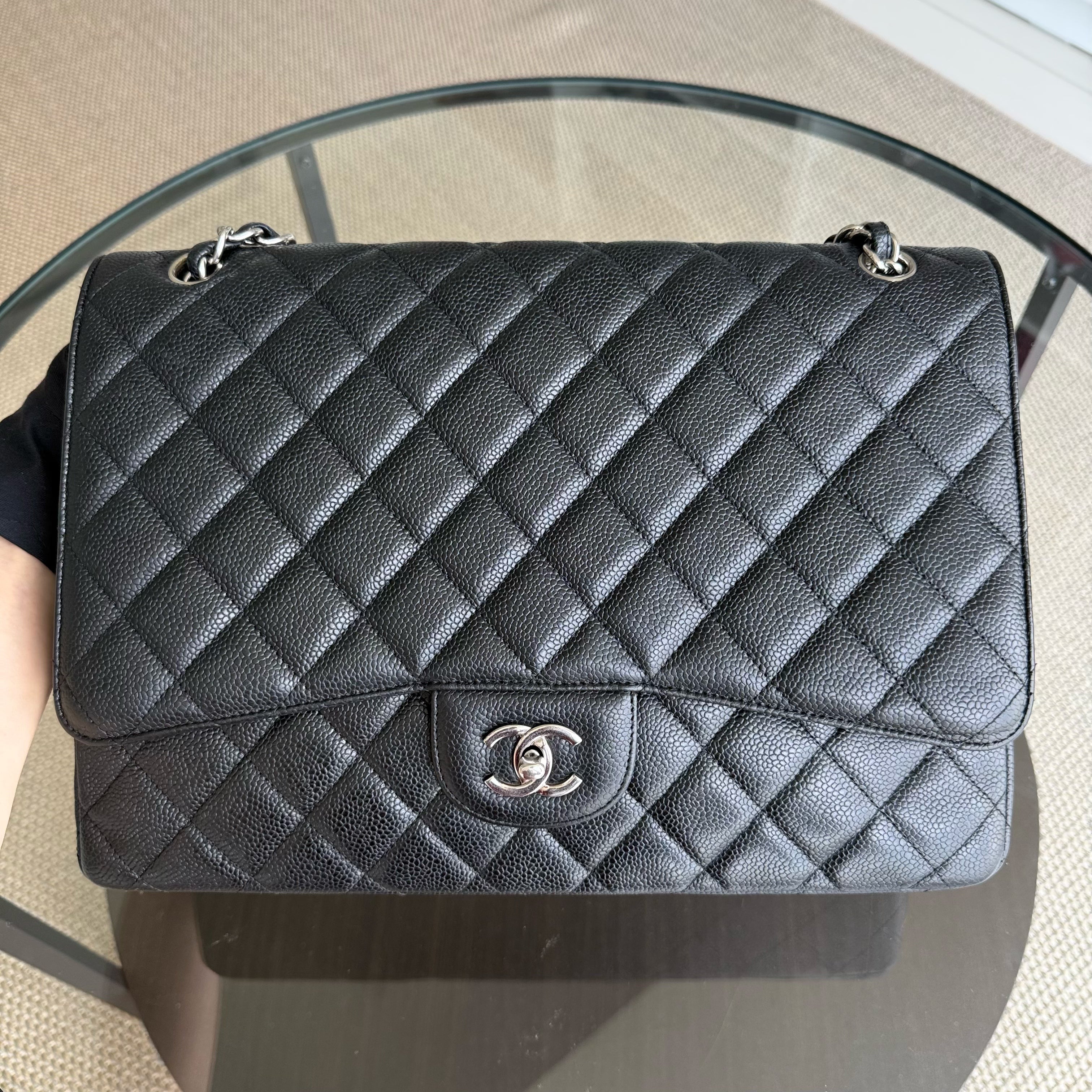 Chanel Classic Flap Maxi - Caviar 33CM Single Flap Quilted Black Silver Harware Series 14