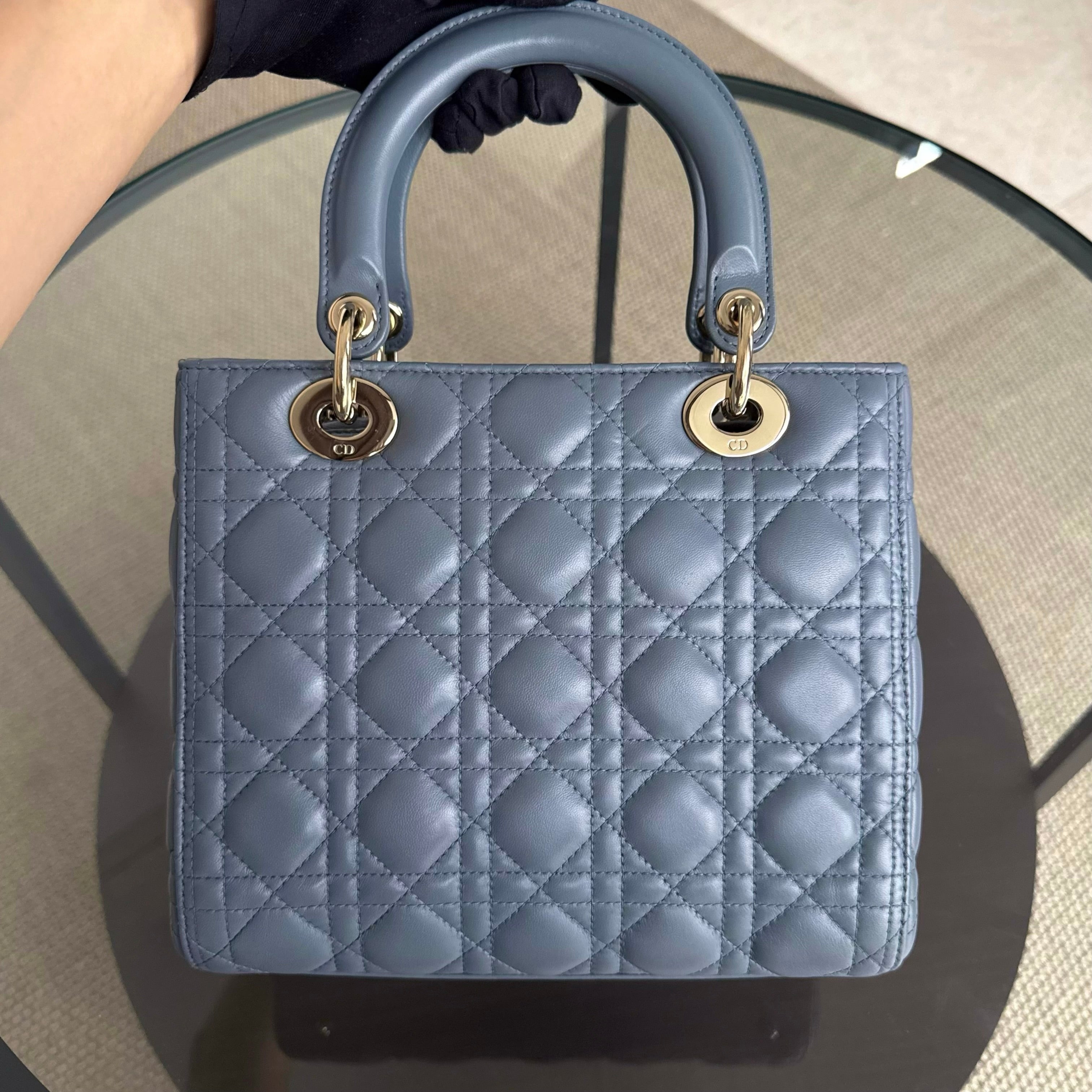 Dior Lady Medium - Cannage Lambskin Haze Blue Gold Hardware Adjustable Strap