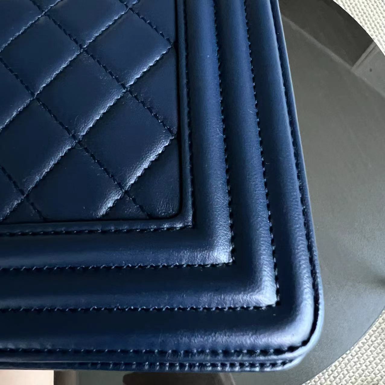 Chanel Boy Old Medium 25CM Quilted Lambskin Dark Blue Golden Hardware Series 24