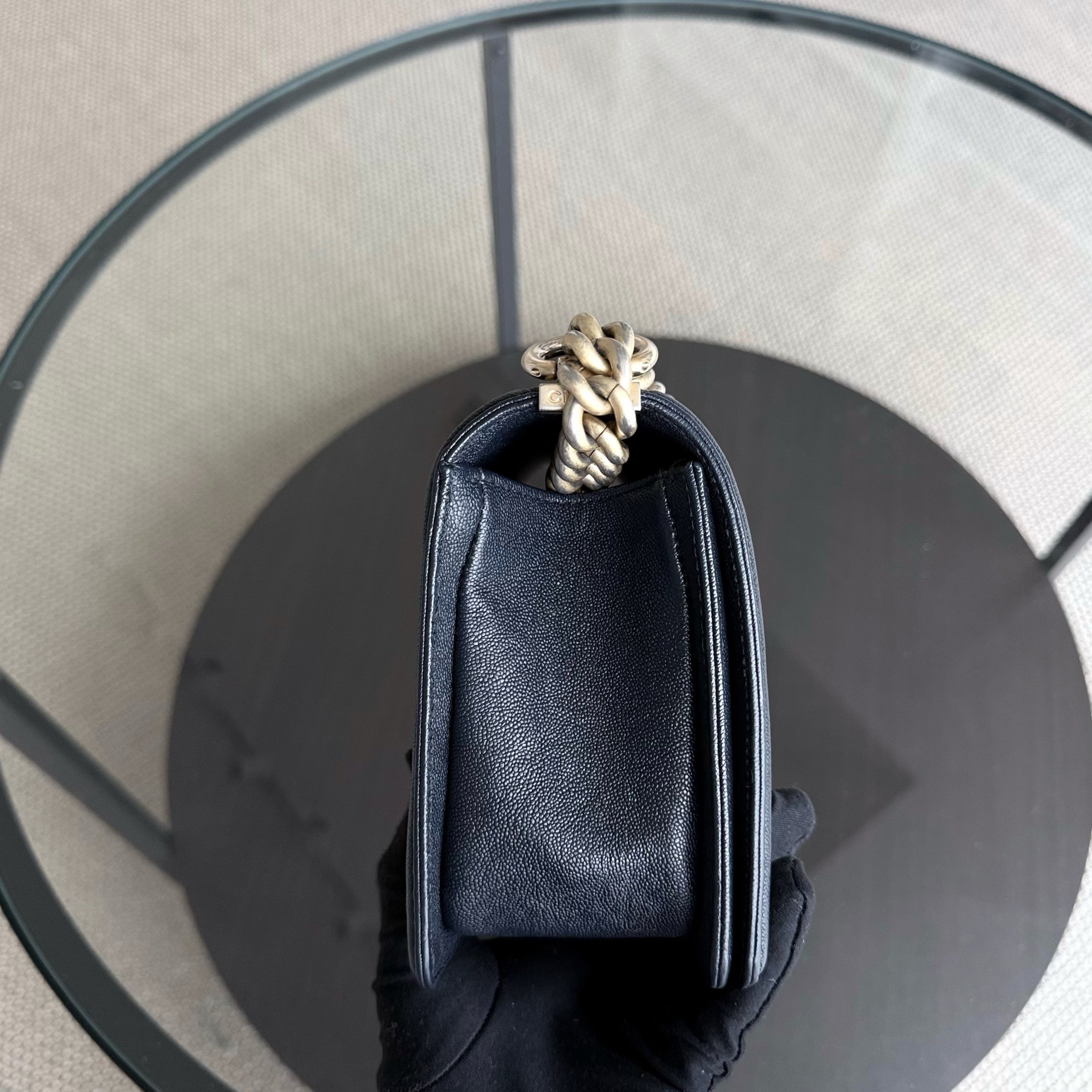 Chanel Boy Medium - Caviar 25CM Quilted Midnight Dark Blue Gold Hardware Series 27