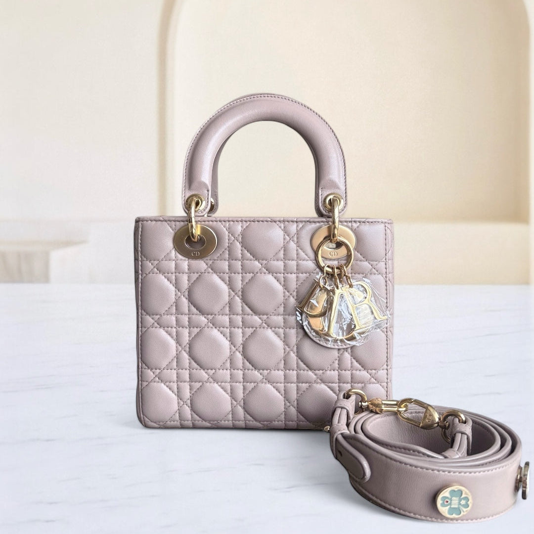 Dior Lady Small Flap - Cannage Lambskin Blush Pink Beige Gold Hardware