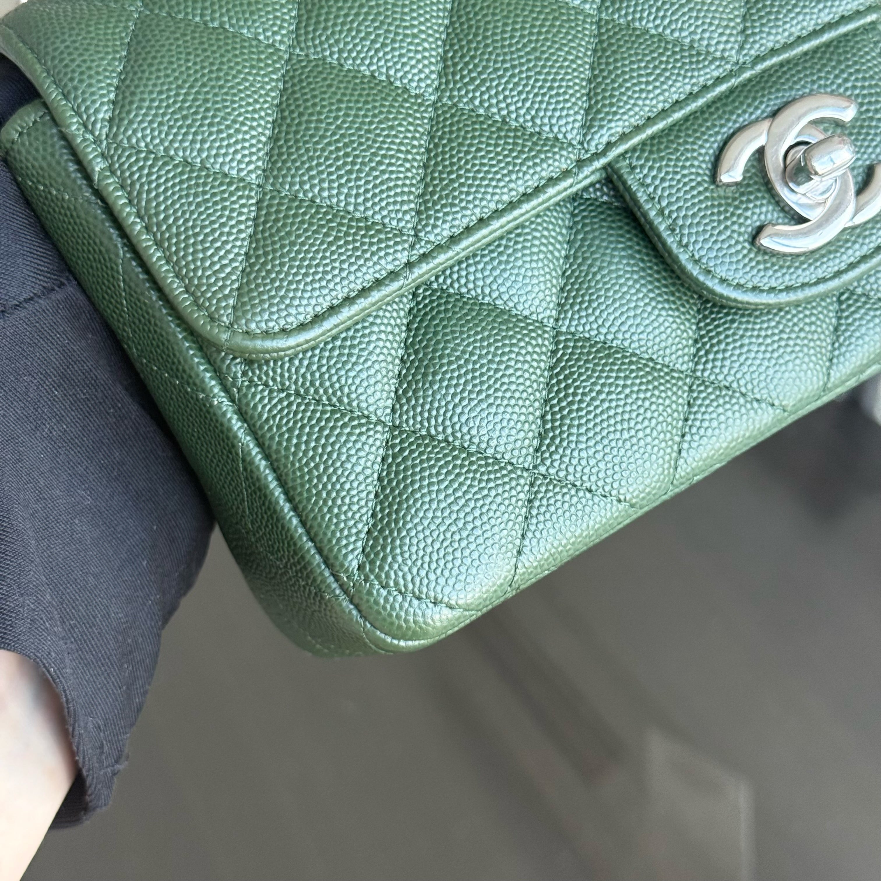 Chanel Caviar Mini Rectangle Classic Flap - 20CM Quilted Dark Green Silver Hardware Series 25