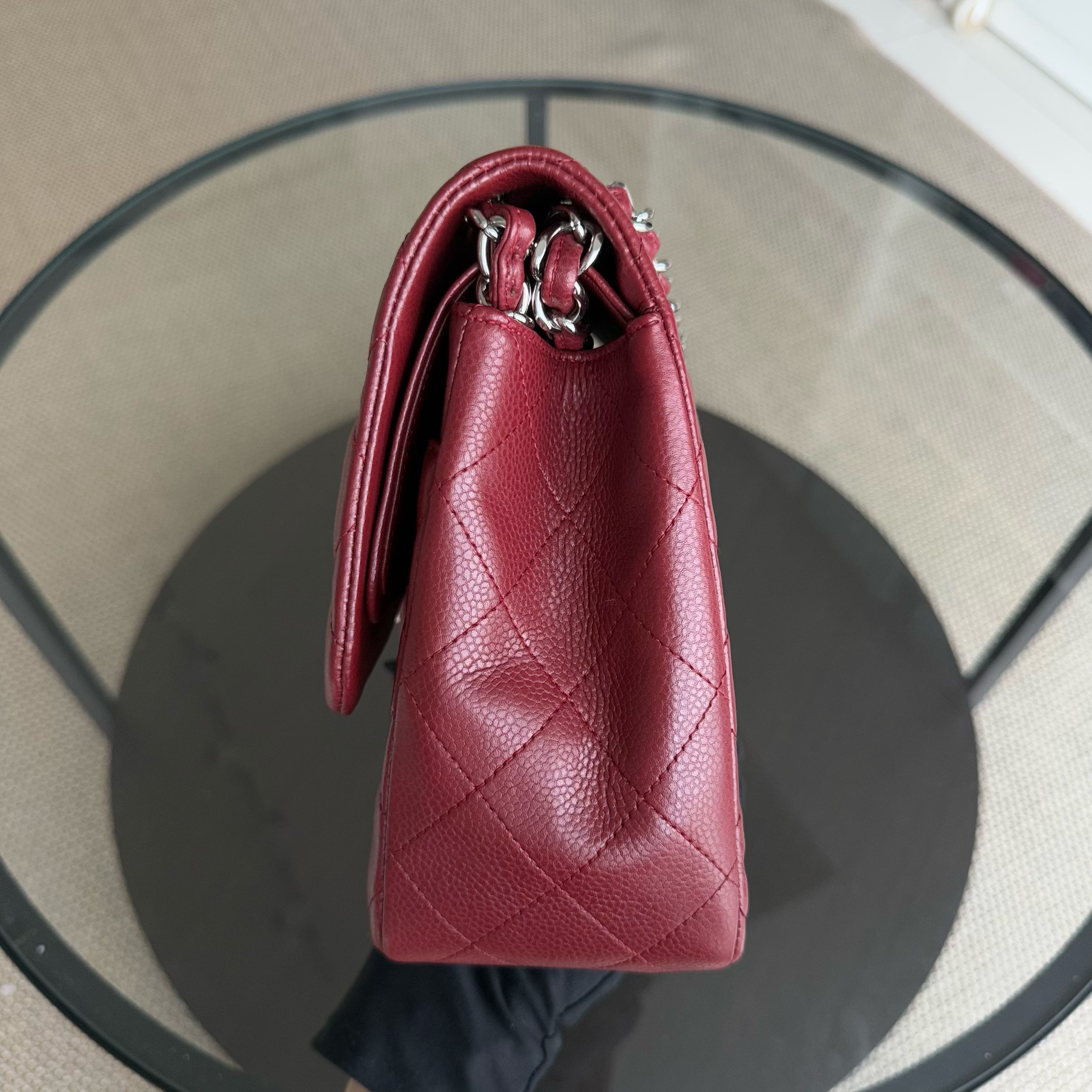 Chanel Classic Flap Jumbo - Caviar Double Flap Quilted Burgundy Dark Red Silver Hardware Series 15