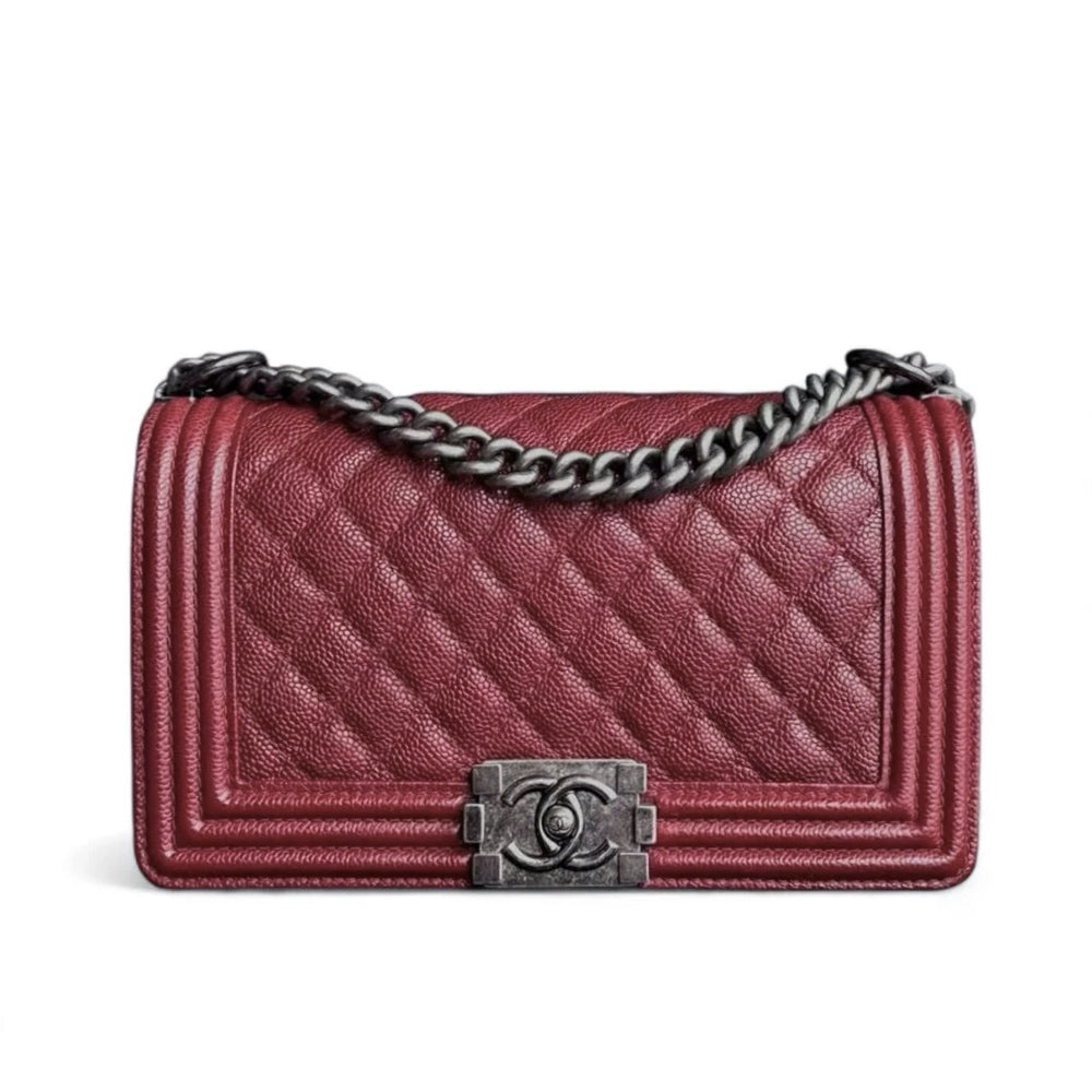 Chanel Boy Medium - Caviar 25CM Quilted Burgundy Dark Red Ruthenium Silver Hardware Series 19