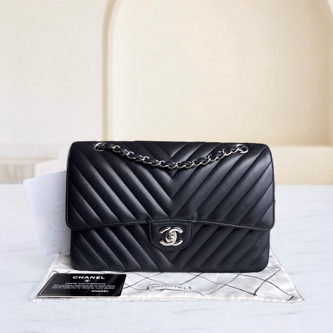 Chanel Classic Flap Medium - 25CM Chevron Lambskin Midnight Dark Blue Silver Hardware Series 25