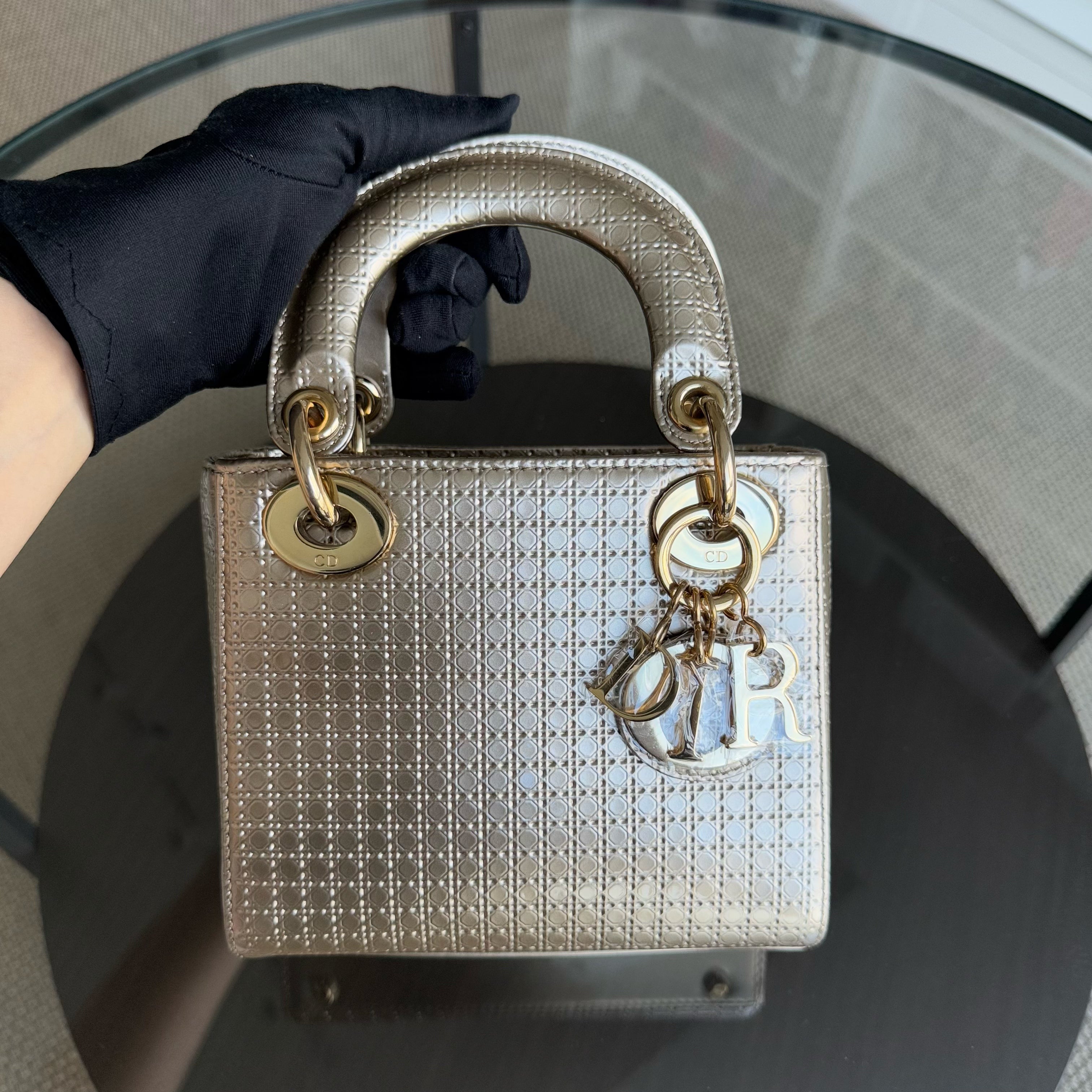 Dior Lady Mini - Metallic Cannage Calfskin Gold Gold Hardware