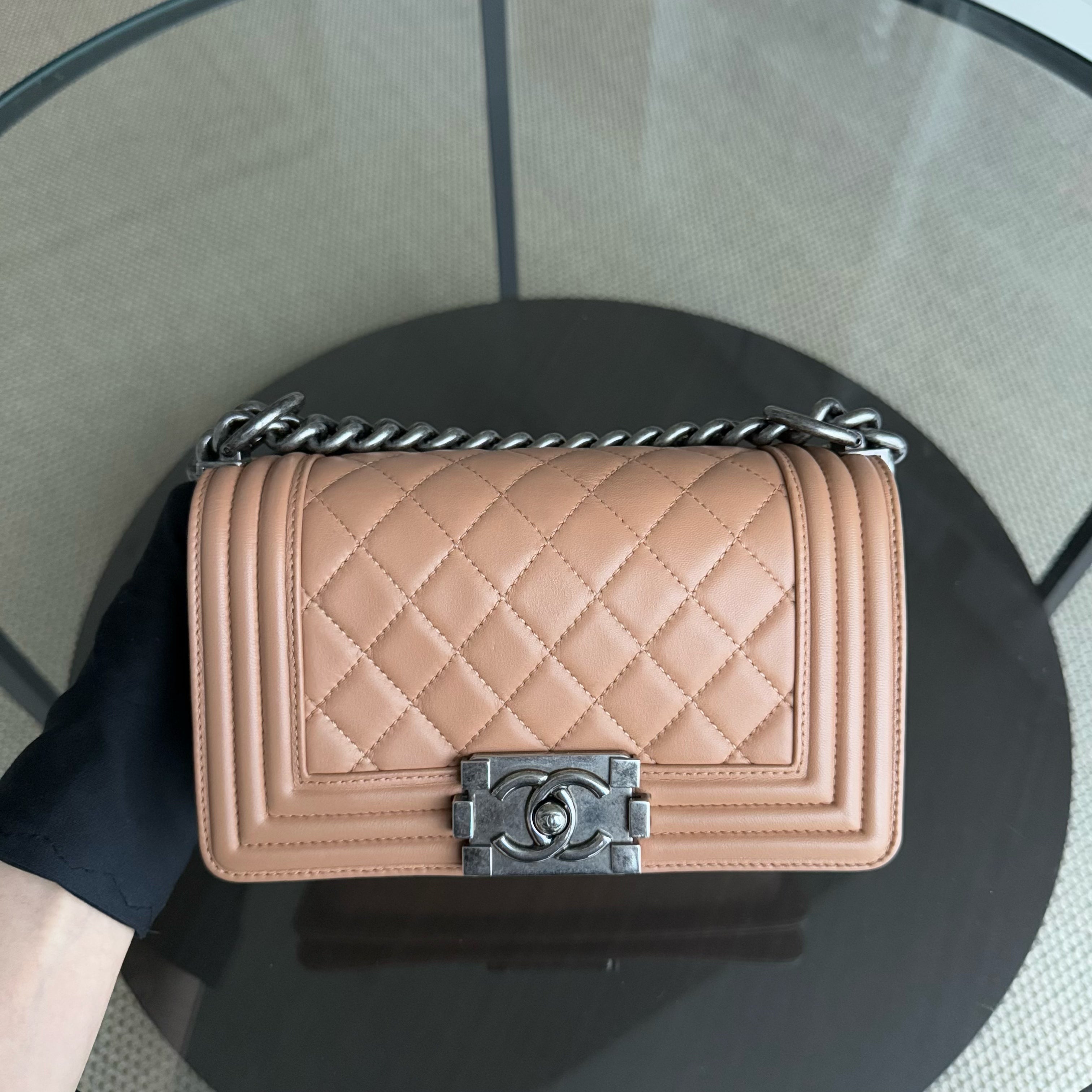 Chanel Boy Small - 20CM Quilted Lambskin Blush Caramel Ruthenium Silver Hardware Series 16