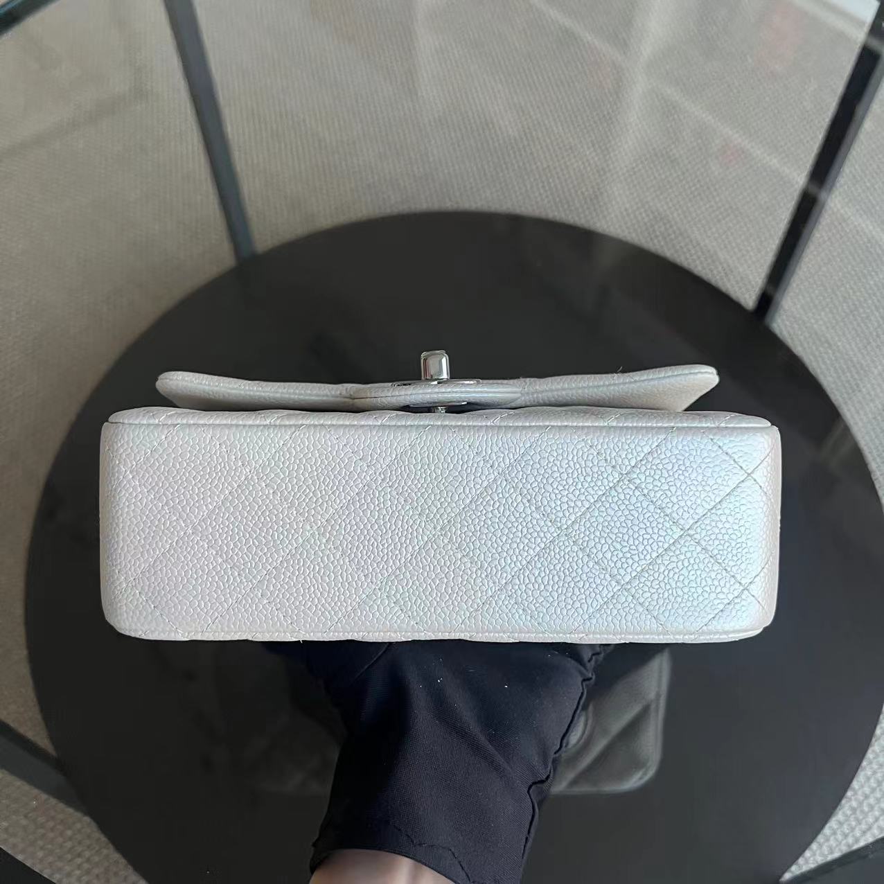 *Unused* Caviar Mini Rectangle Classic Flap Quilted Iridescent Pearl White Silver Hardware Series 20