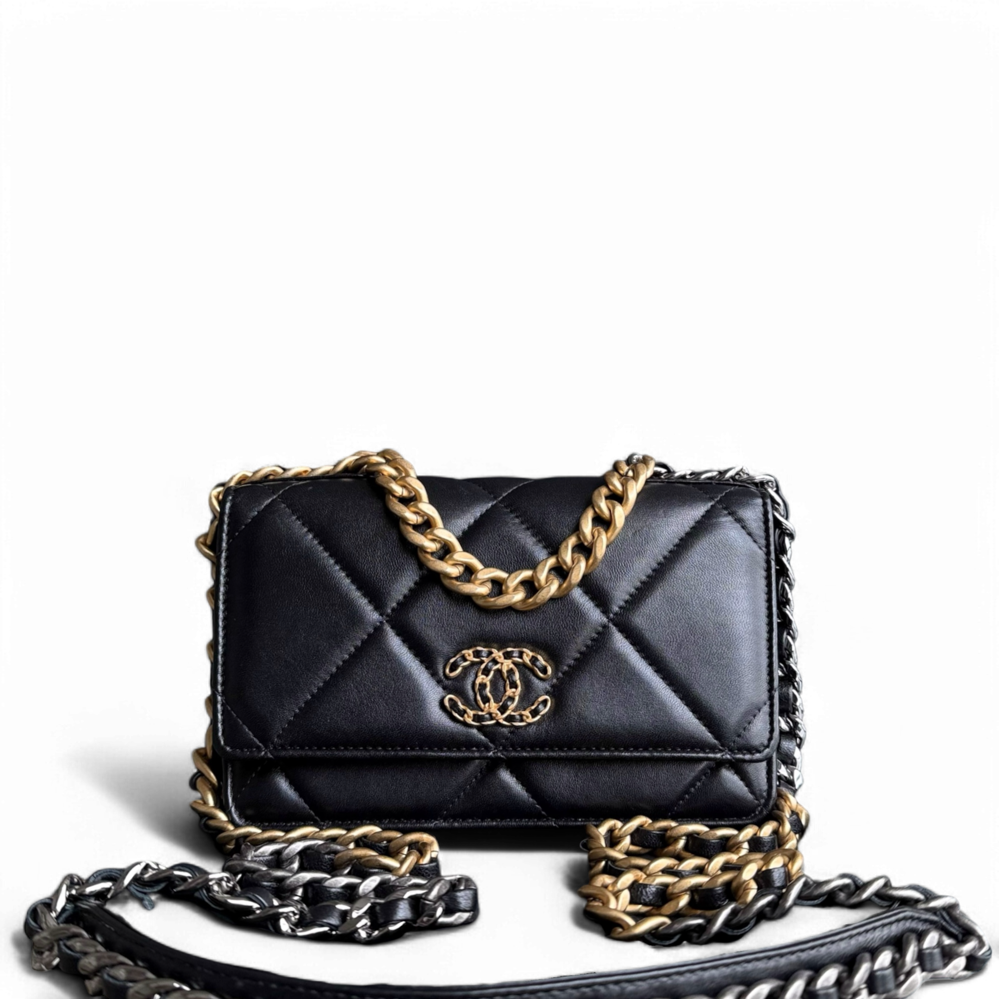 Chanel C19 WOC - 19 Bag Wallet On Chain Quilted Lambskin Black Two Tone Gold Hardware Microchip