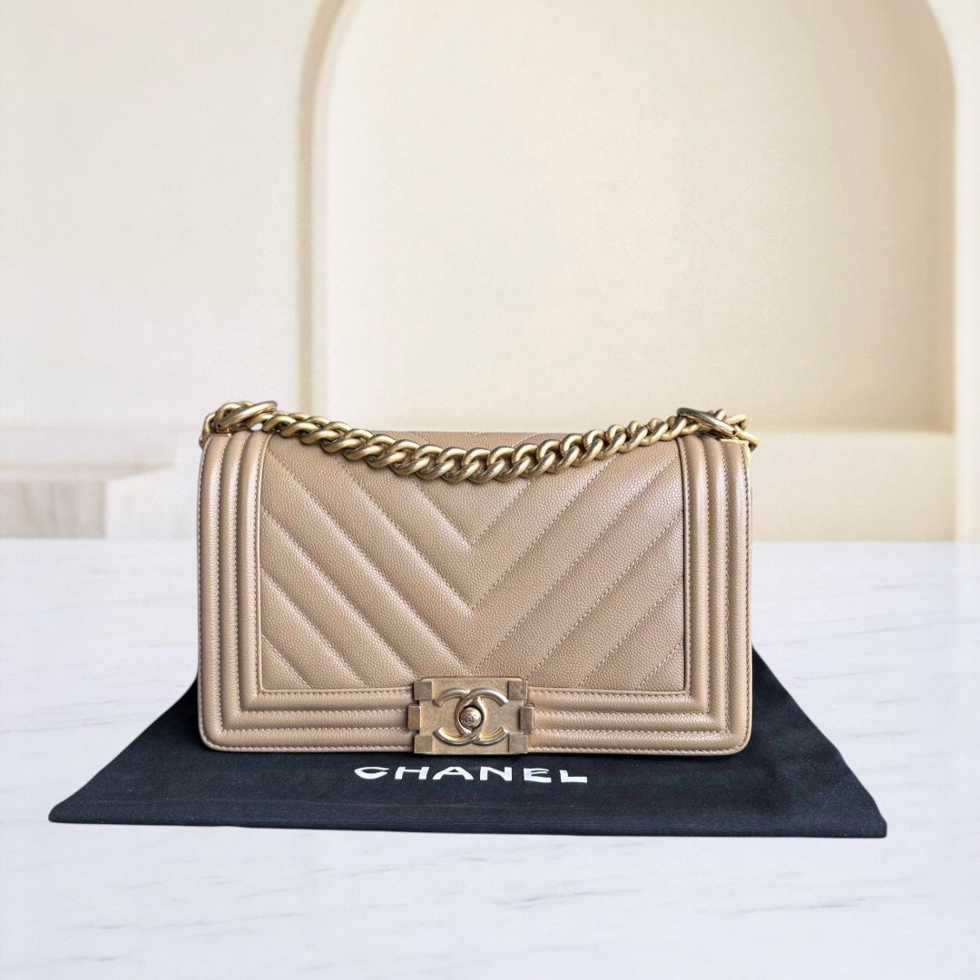 Chanel Boy Medium - Caviar 25CM Chevron Grained Calfskin Beige Gold Hardware Series 25