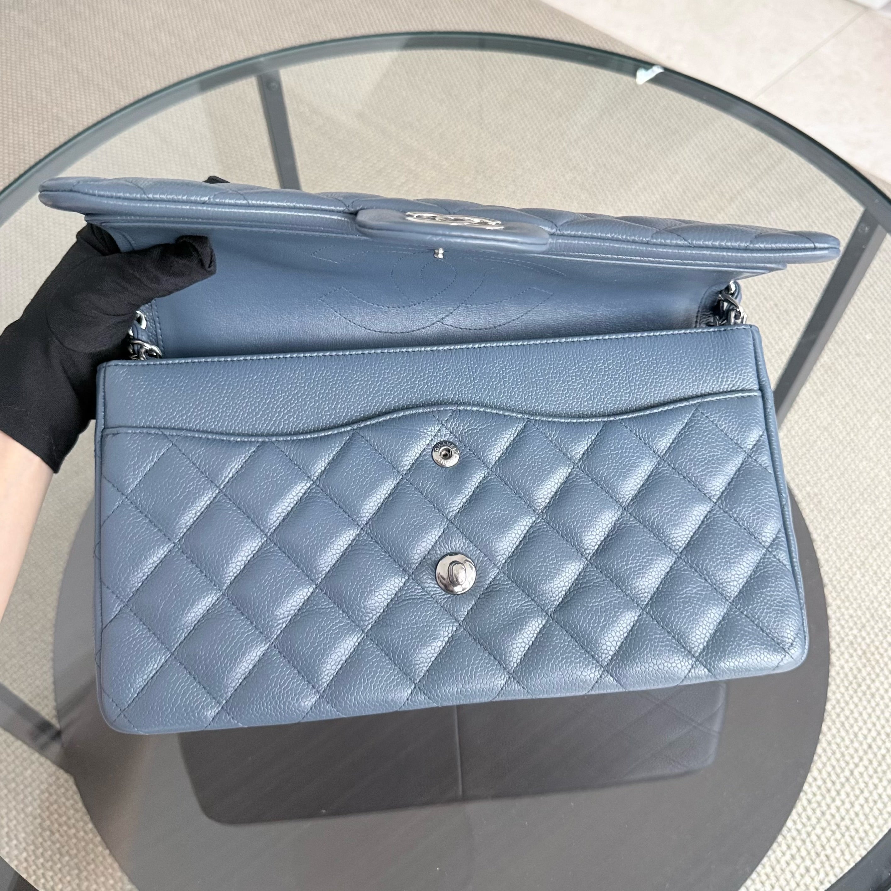 Chanel Classic Flap Jumbo - Double Flap 30CM Quilted Caviar Blue Silver Hardware Series 19
