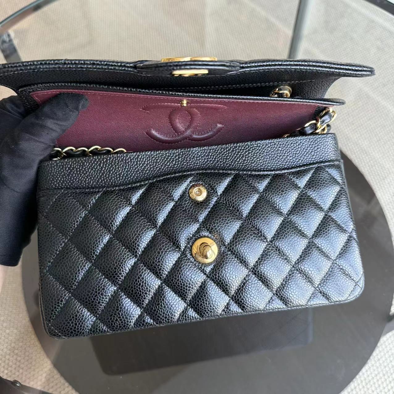 *Microchip, Full Set Receipt* Chanel Small Caviar Classic Flap Quilted Black Golden Hardware