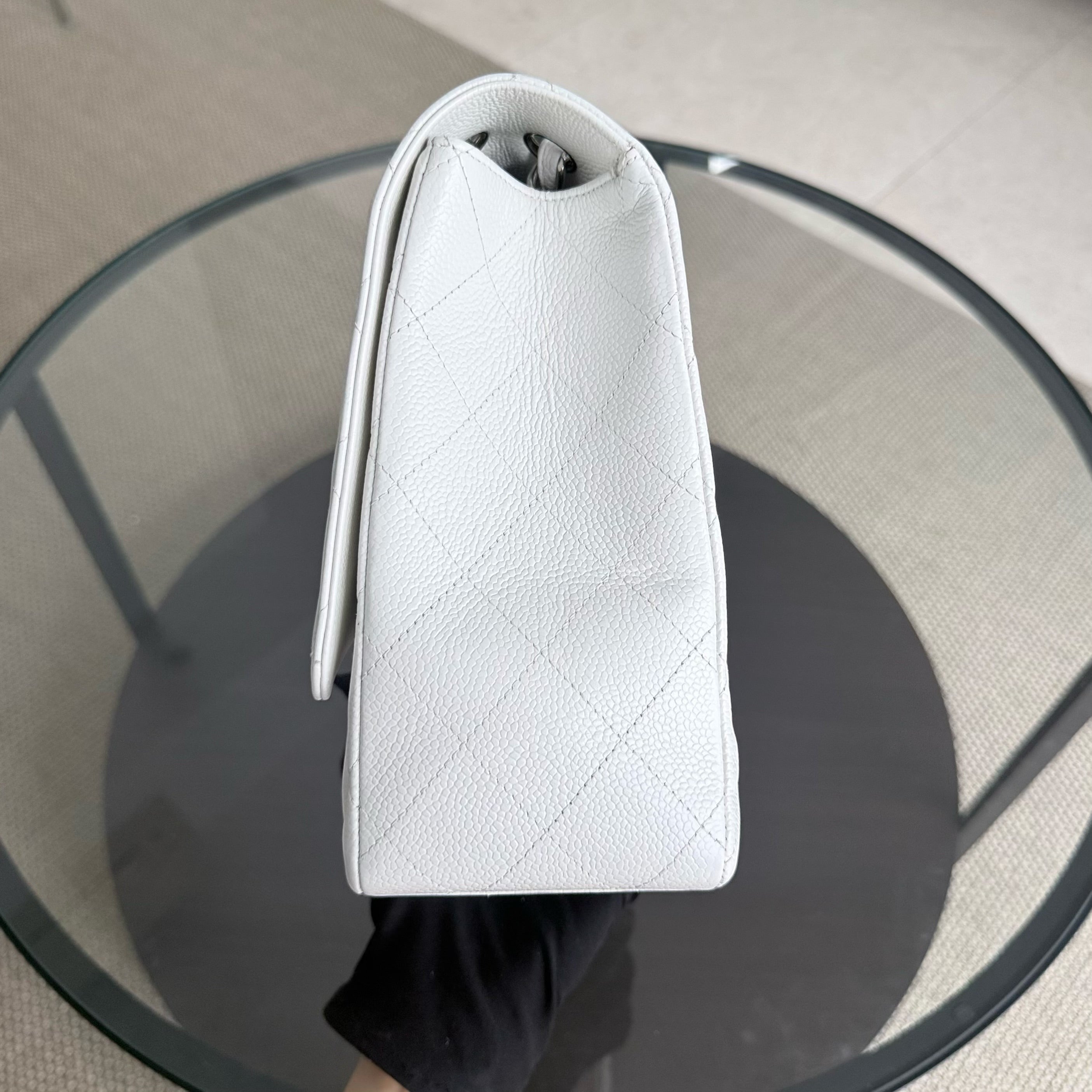 Chanel Classic Flap Maxi - Caviar 33CM Single Flap Quilted White Silver Harware Series 13